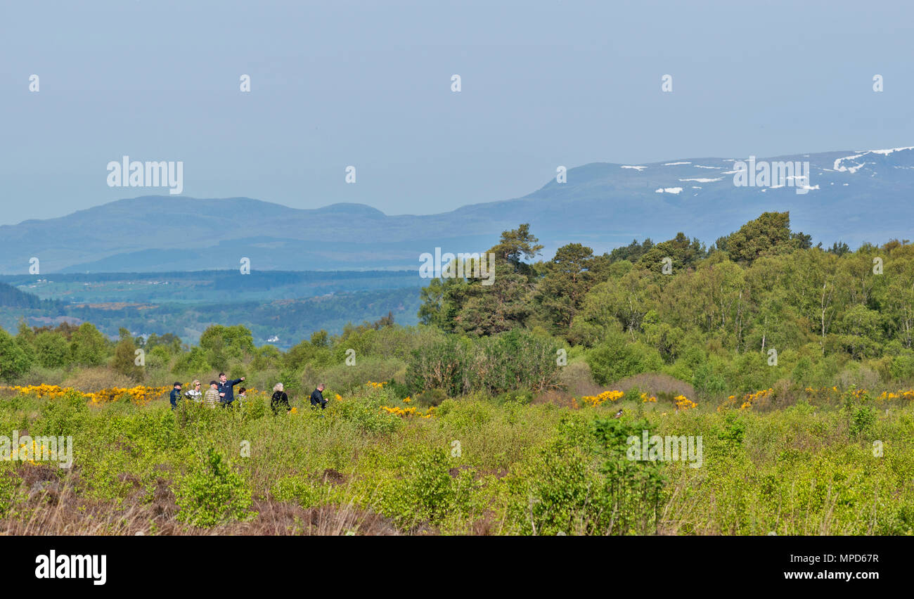 Il campo di battaglia di Culloden Moor o INVERNESS Scozia vista dal bordo del campo di battaglia verso la coperta di neve colline e un gruppo di turisti Foto Stock