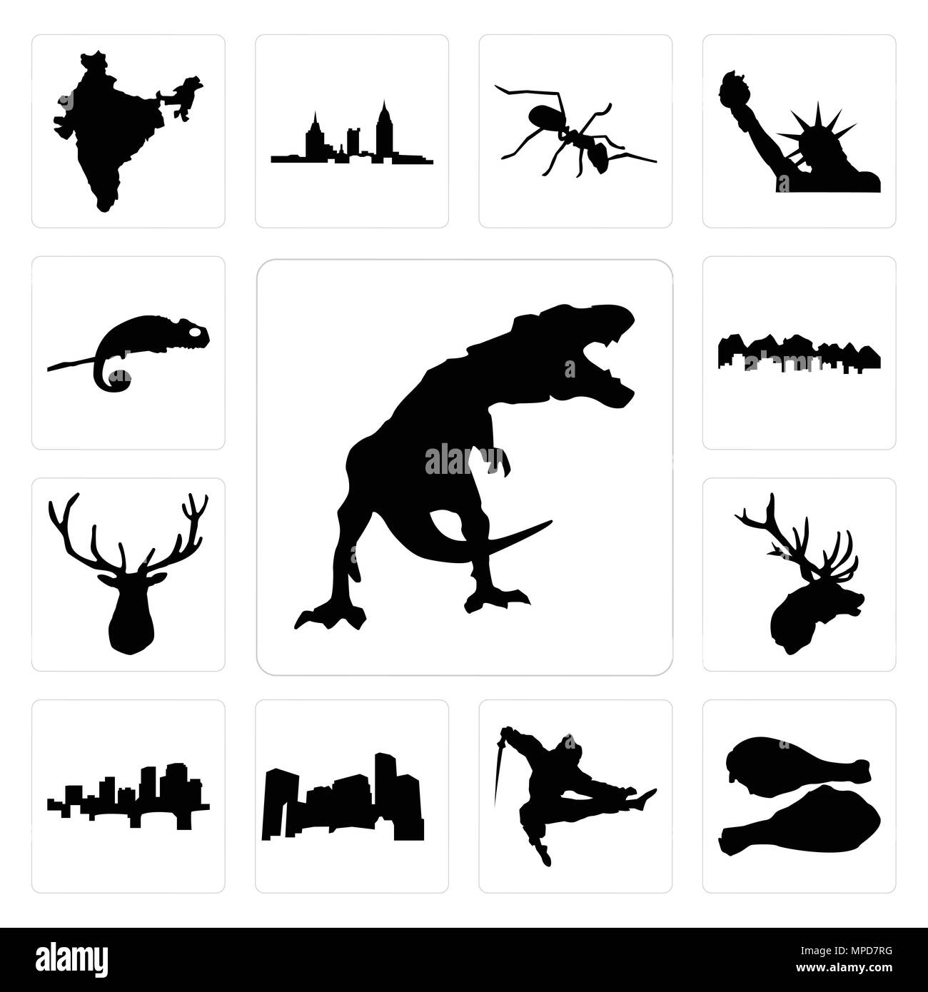 Set di 13 semplici icone modificabile come t rex, tacchino, ninja, minnesota, Arkansas, testa di alce, Utah, chameleon può essere utilizzato per il mobile, l'interfaccia utente web Illustrazione Vettoriale