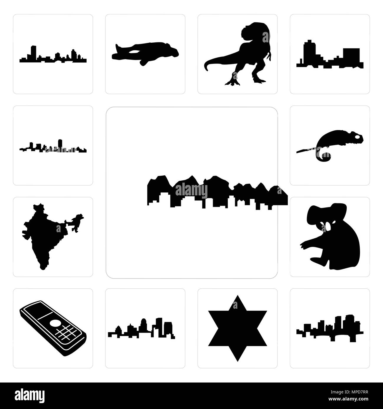 Set di 13 semplici icone modificabile come utah, Arkansas, stella di Davide, Stato del Kentucky, telefono cellulare, koala, India, chameleon, Maryland delineare, in nero Illustrazione Vettoriale