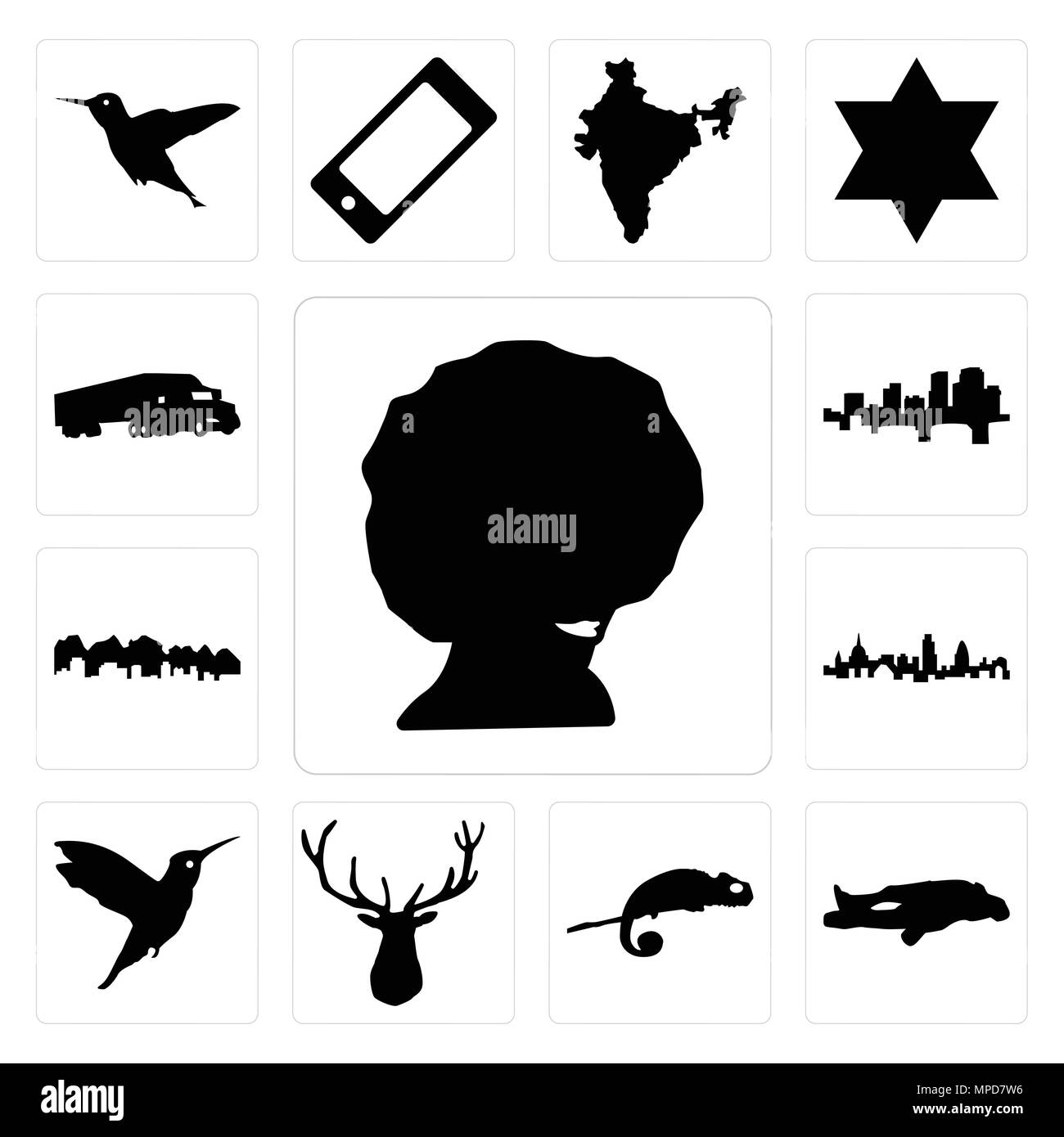 Set di 13 semplici icone modificabile come afro, gesso, chameleon, testa di alce, Hummingbird, lo skyline di Londra, Utah, Arkansas, semi carrello può essere utilizzata per mobi Illustrazione Vettoriale