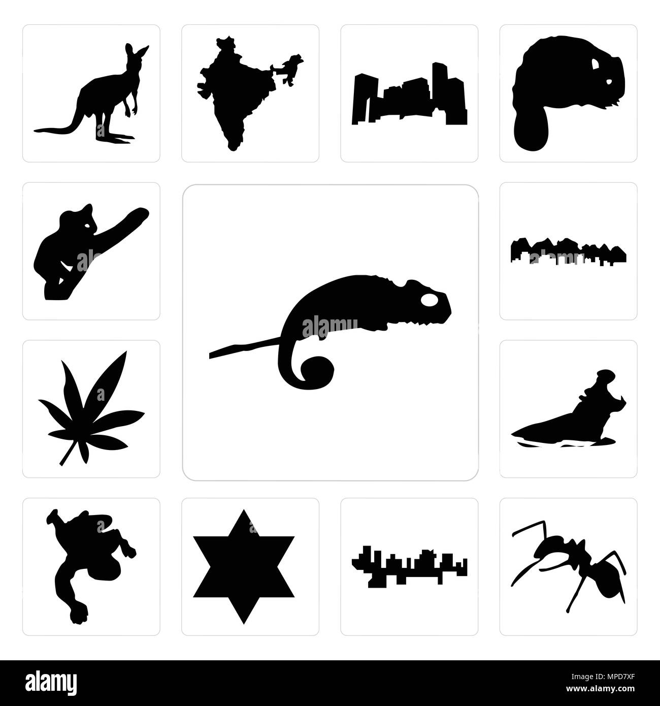 Set di 13 semplici icone modificabile come camaleonte, ant, Haiti, stella di Davide, gesso, Ippona, foglia di marijuana, Utah, koala possono essere utilizzati per la telefonia mobile, l'interfaccia utente web Illustrazione Vettoriale