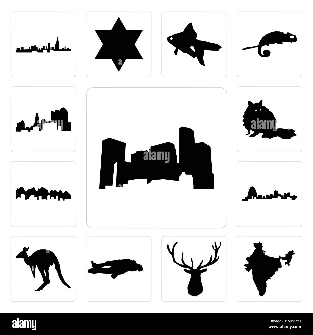 Set di 13 semplici icone modificabile come minnesota, India, testa di alce, gesso, kangaroo delineano su sfondo bianco, Missouri, Utah, raccoon, Ohio può essere Illustrazione Vettoriale