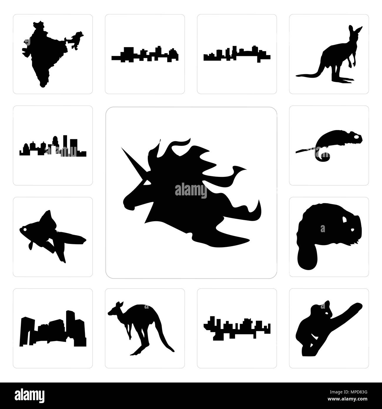 Set di 13 semplici icone modificabile come testa di unicorno, koala, Haiti, kangaroo delineano su sfondo bianco, minnesota, castoro, goldfish, chameleon, Kent Illustrazione Vettoriale