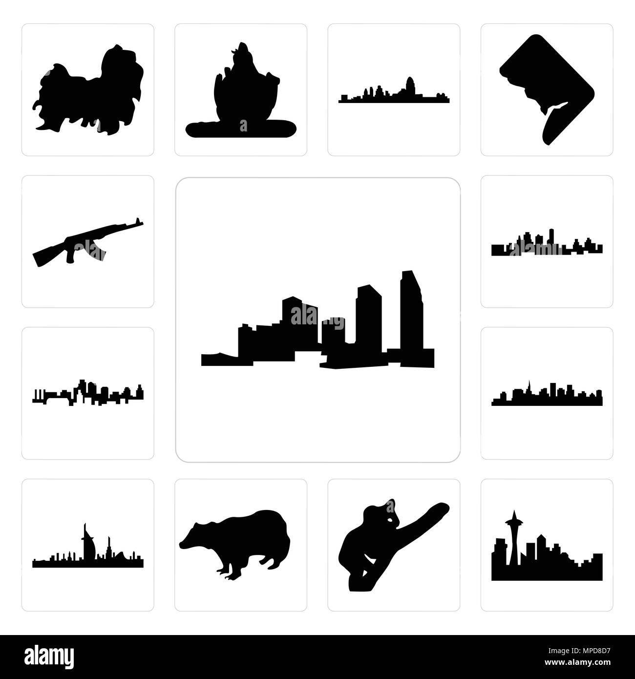 Set di 13 semplici icone modificabile come long island, lo skyline di Seattle, su sfondo bianco , koala, badger, skyline di Dubai, san Paolo, di sfondo può essere u Illustrazione Vettoriale