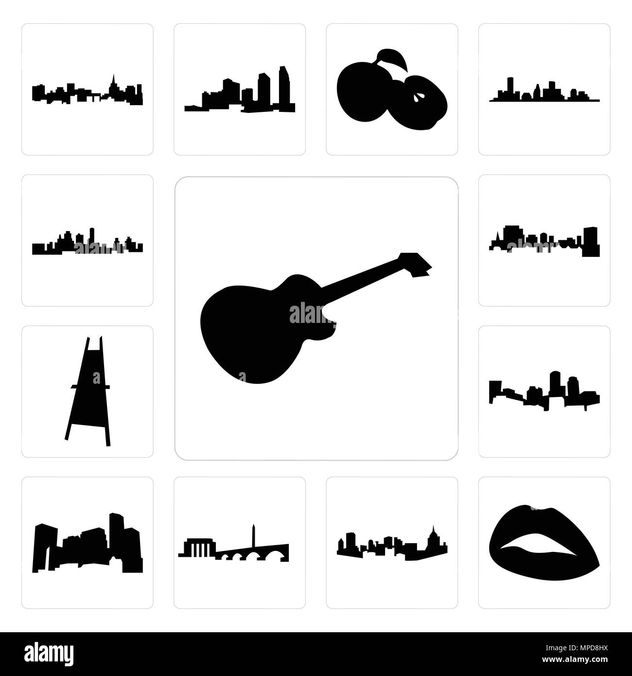 Set di 13 semplici icone modificabile come image les Paul, labbra, lo skyline di Pittsburgh, dc minnesota, skyline di Boston, su sfondo bianco , pittore ca su cavalletto Illustrazione Vettoriale