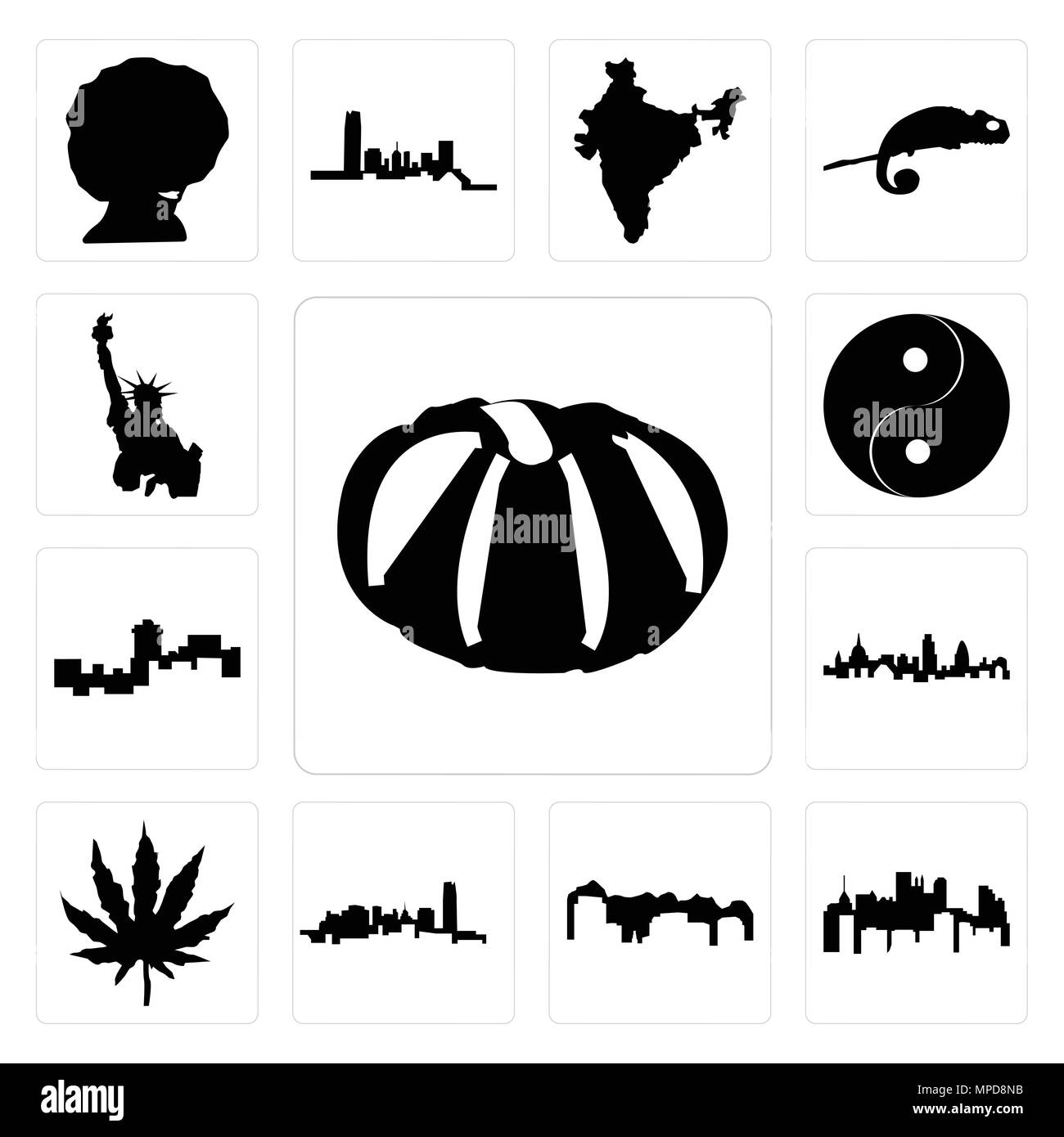 Set di 13 semplici icone modificabile come la zucca, dello stato della Pennsylvania, Utah, Oklahoma, foglia di marijuana, lo skyline di Londra, montana, yin yang, statua di libe Illustrazione Vettoriale