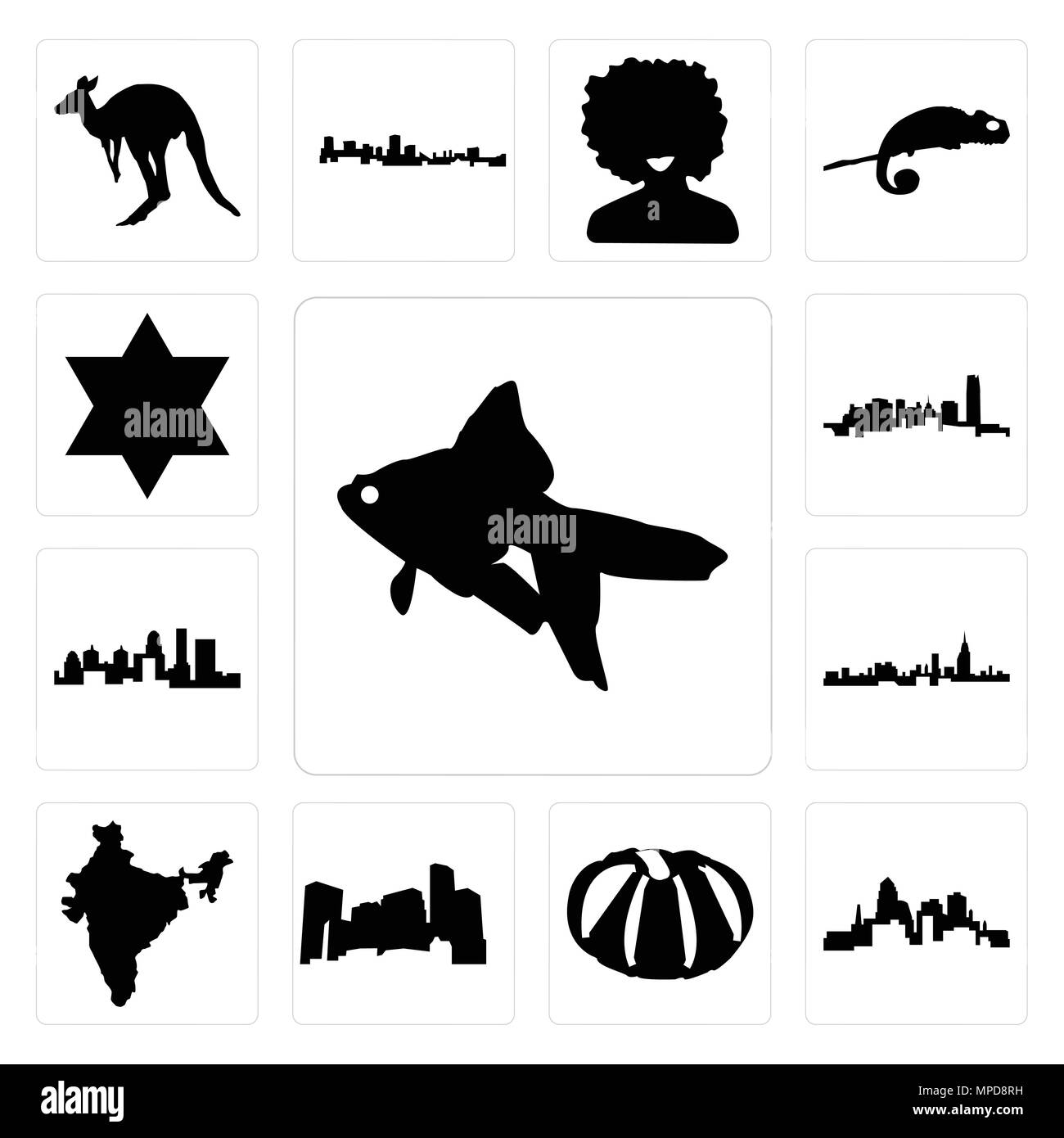 Set di 13 semplici icone modificabile come goldfish, , zucca, minnesota, India, Alabama, Stato del Kentucky, Oklahoma, stella di David può essere utilizzato per il mobile Illustrazione Vettoriale