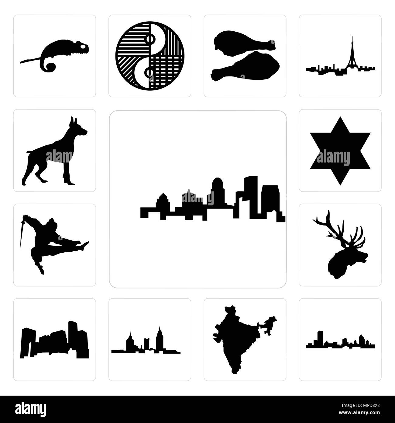 Set di 13 semplici icone modificabile come stato del Kentucky, Wisconsin, India, Alabama, Minnesota, testa di alce, ninja, stella di Davide, doberman può essere utilizzata per Illustrazione Vettoriale