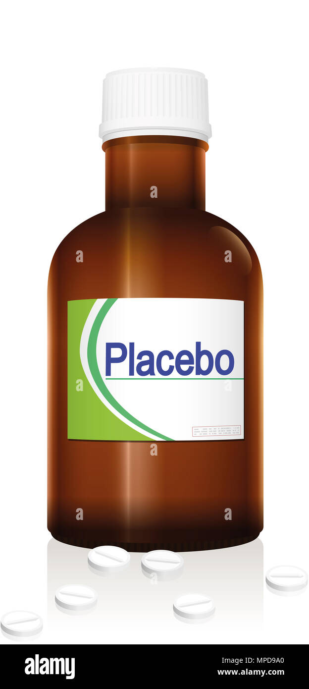 Il placebo. Flaconcino denominato placebo, un medico di prodotto falso - illustrazione su sfondo bianco. Foto Stock