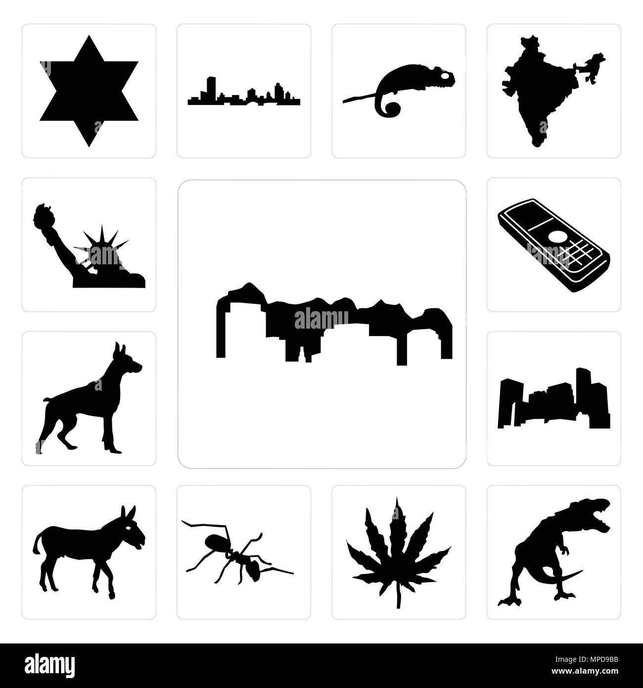 Set di 13 semplici icone modificabile come utah, t rex, foglia di marijuana, ant, asino, minnesota, doberman, telefono cellulare, la statua della libertà può essere usato per m Illustrazione Vettoriale