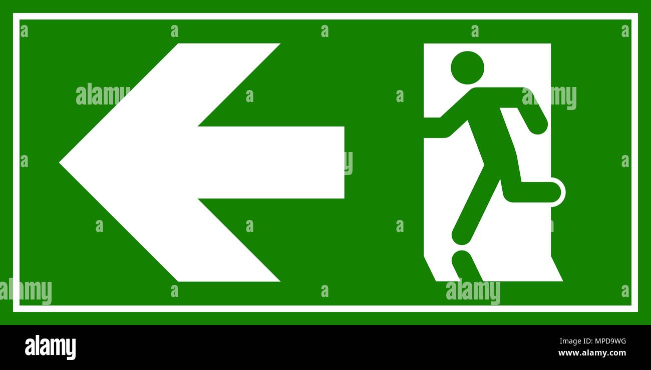 Uscita di emergenza segno. Uomo che corre fuori fuoco uscire. Illustrazione Vettoriale