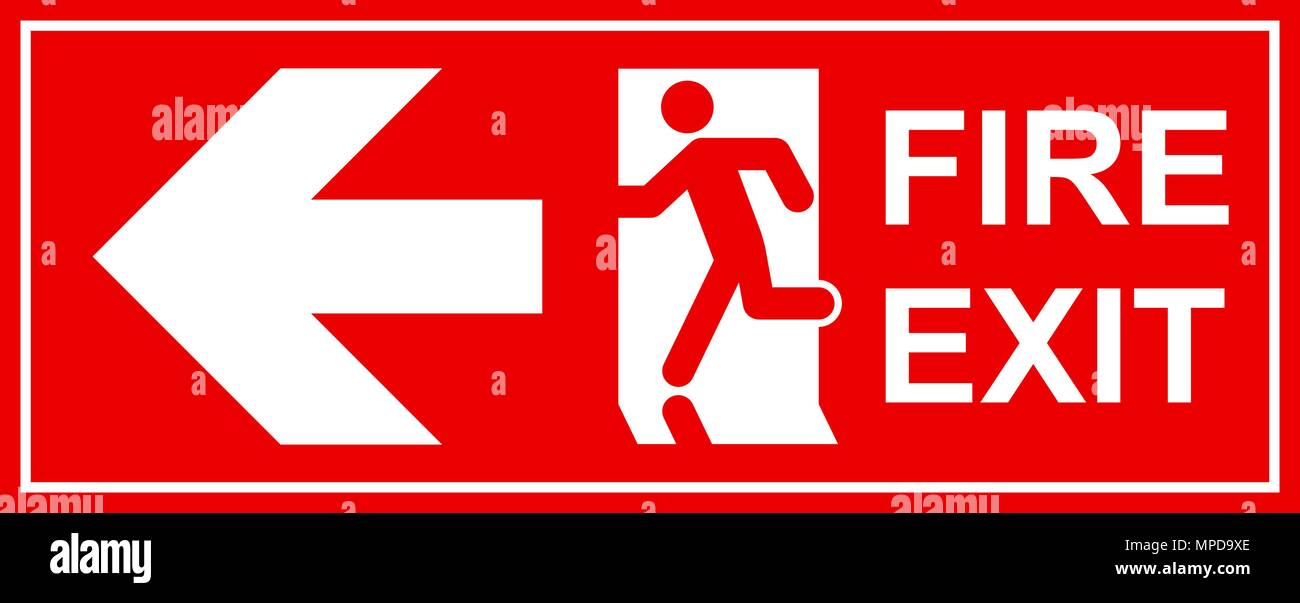 Uscita di emergenza segno. Uomo che corre fuori fuoco uscire. Illustrazione Vettoriale