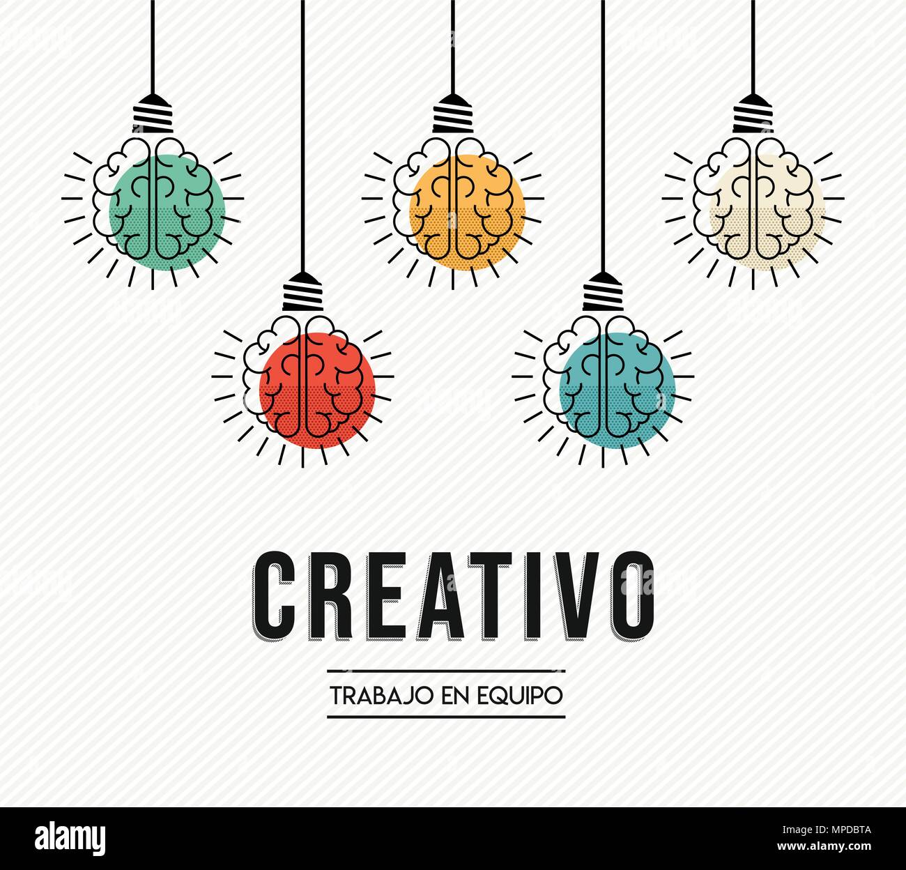 Lavoro di squadra creative design moderno in lingua spagnola con il cervello umano come colorata luce lampada, la creatività imprenditoriale concetto. EPS10 vettore. Illustrazione Vettoriale