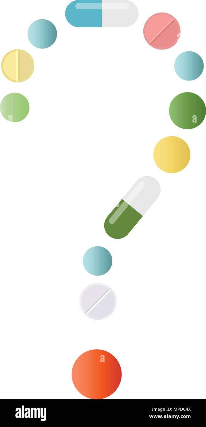 Punto interrogativo fatta di pillole colorate e capsule su sfondo bianco. Quali farmaci per scegliere meglio, ciò che sarà di aiuto. Il problema della salute concetto. Vettore Illustrazione Vettoriale