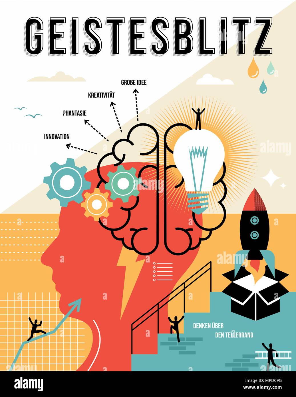 Illustrazione di brainstorming in lingua tedesca. Pensare al di fuori della casella, creative idee di business concetto ideale per creare poster e stampa. EPS10 vettore. Illustrazione Vettoriale