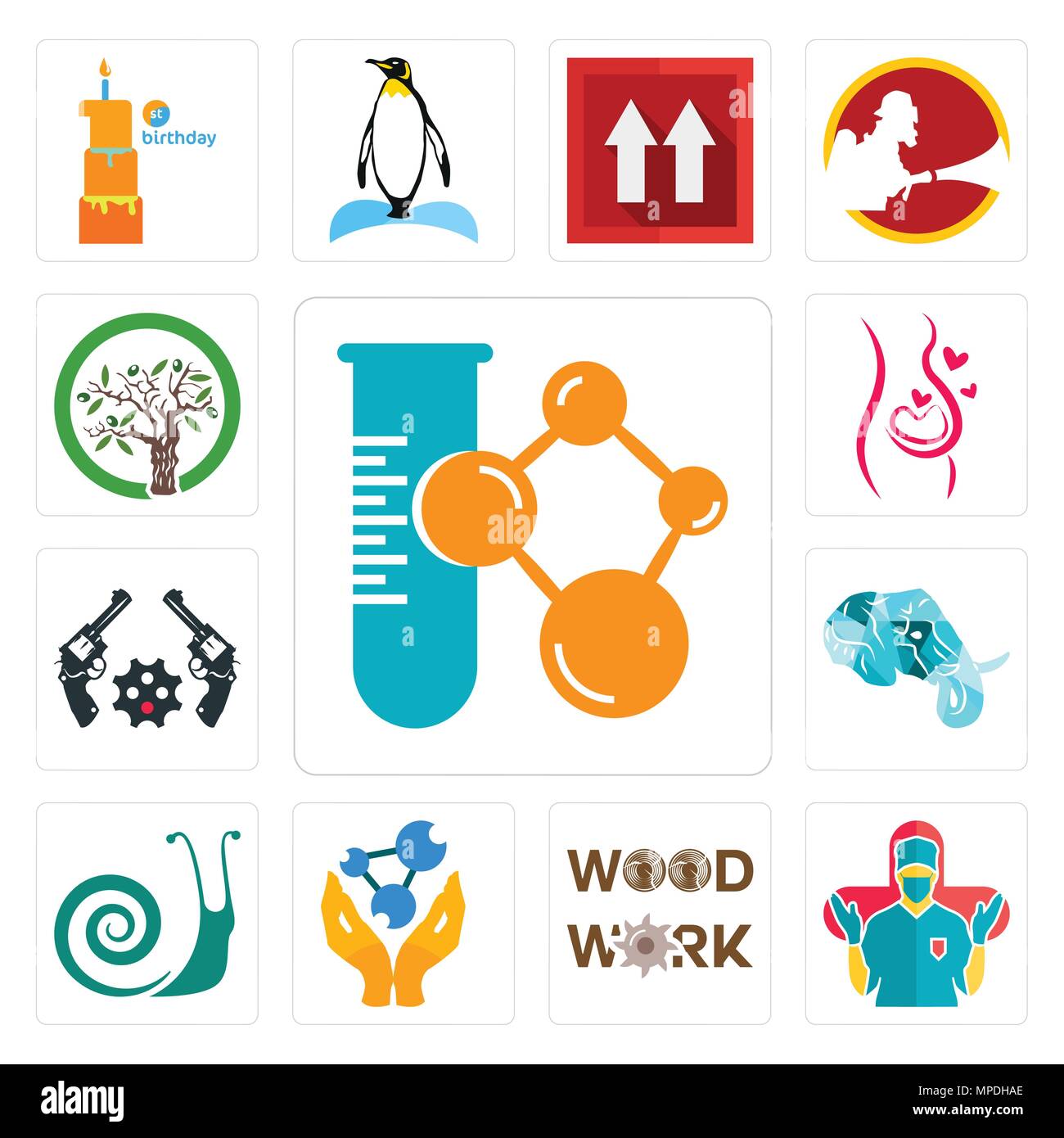 Set di 13 semplici icone modificabile come chemical Company, chirurgo, oggetti in legno, farmacia, lumache, testa di elefante, revolver, gravidanza, olivo può essere us Illustrazione Vettoriale