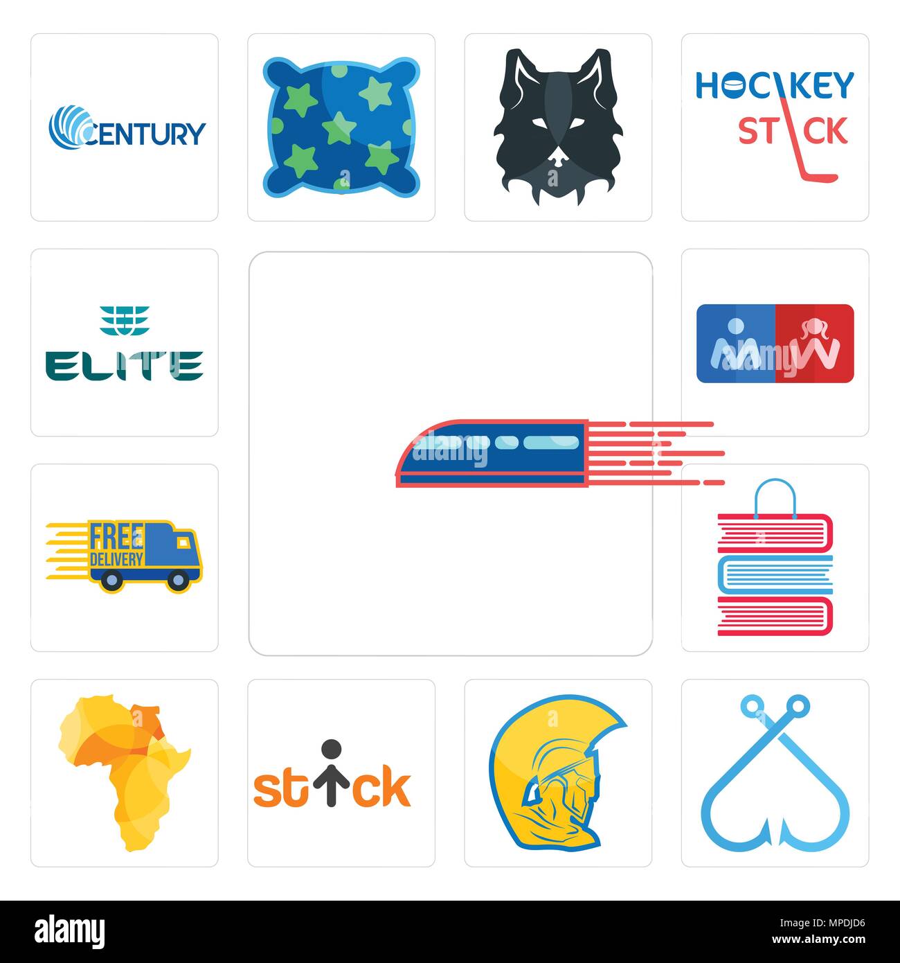 Set di 13 semplici icone modificabile come la ferrovia, amo da pesca, testa di guerriero, stick figura, africa mappa, book shop, consegna gratuita restroom, l'elite c Illustrazione Vettoriale