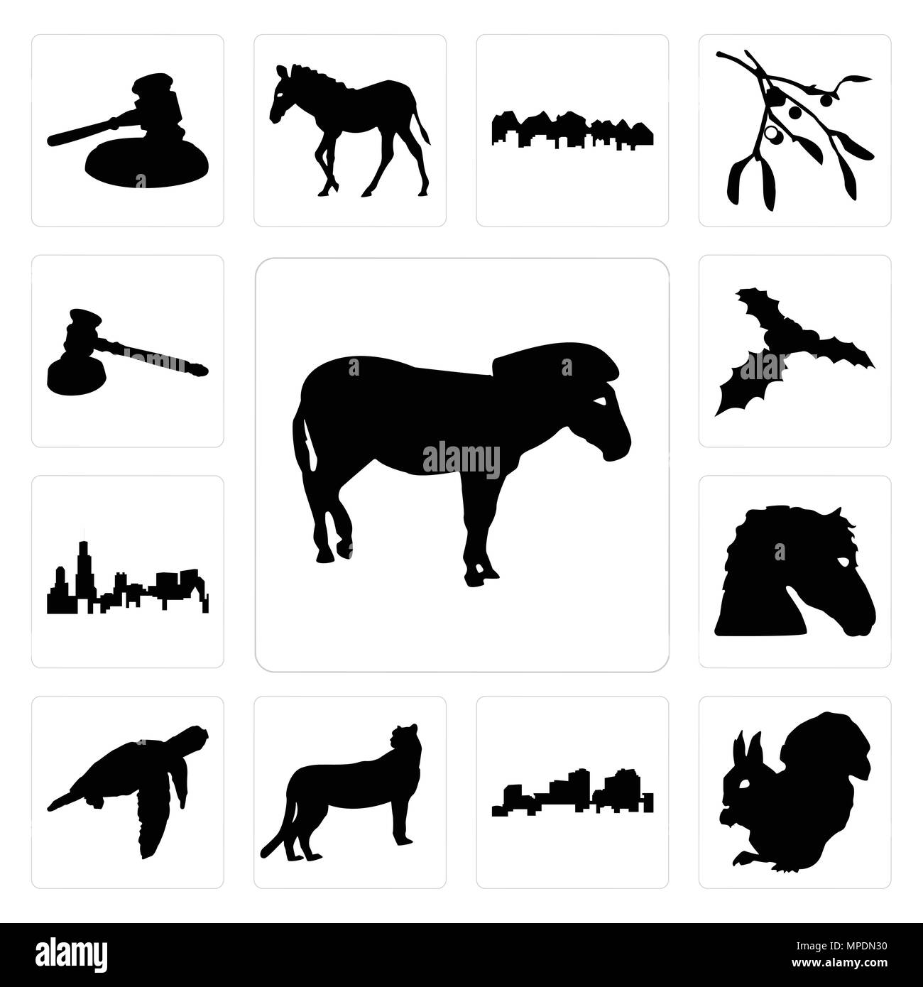 Set di 13 semplici icone modificabile come contorno di zebra, su sfondo bianco di uno scoiattolo louisiana di sfondo può essere utilizzato per il mobile, l'interfaccia utente web Illustrazione Vettoriale