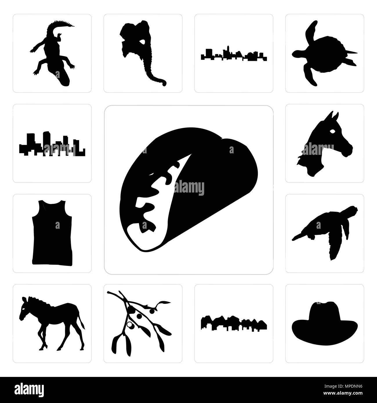 Set di 13 semplici icone modificabile come contorno taco su sfondo bianco, il cappello da cowboy utah, vischio sfondo può essere utilizzato per il mobile, l'interfaccia utente web Illustrazione Vettoriale