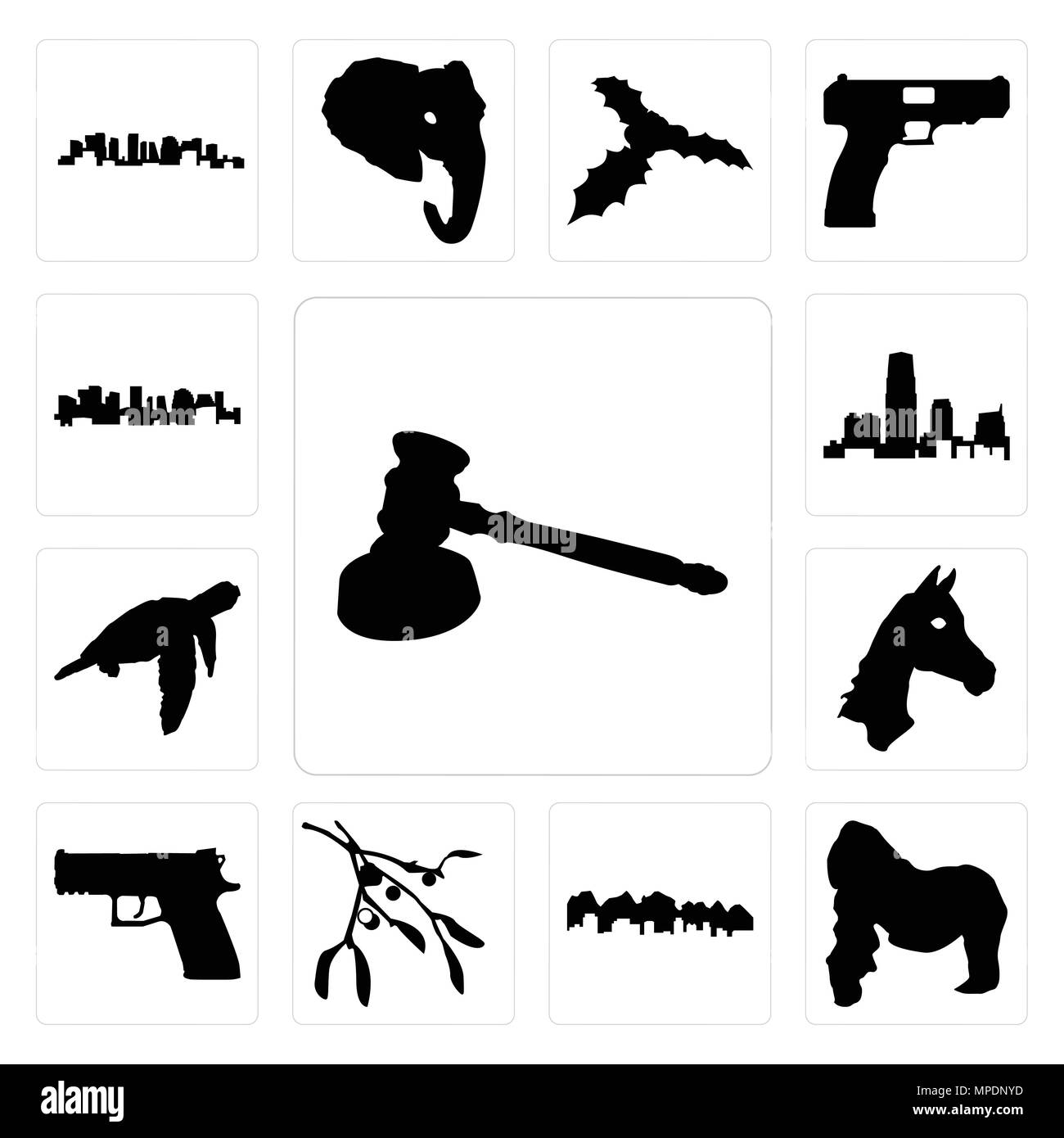 Set di 13 semplici icone modificabile come martello delineano su sfondo bianco, gorilla, Utah, vischio pistola sfondo può essere utilizzato per il mobile, l'interfaccia utente web Illustrazione Vettoriale
