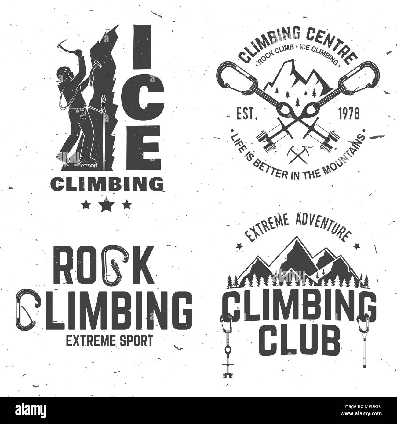 Set di Rock Climbing club badge. Illustrazione Vettoriale. Concetto di camicia o stampa, timbro o il raccordo a t. Vintage design tipografia con scalatore, moschettone e Illustrazione Vettoriale
