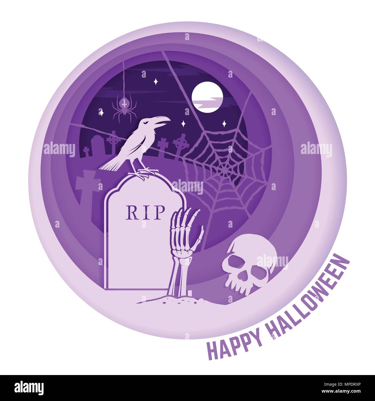 Happy Halloween. La carta tecnica carving design per sovrapposizione di Halloween, etichette, maglietta, logo, stampa tenuta. Raven e lo scheletro di mano sul cimitero. Errore di battitura Illustrazione Vettoriale