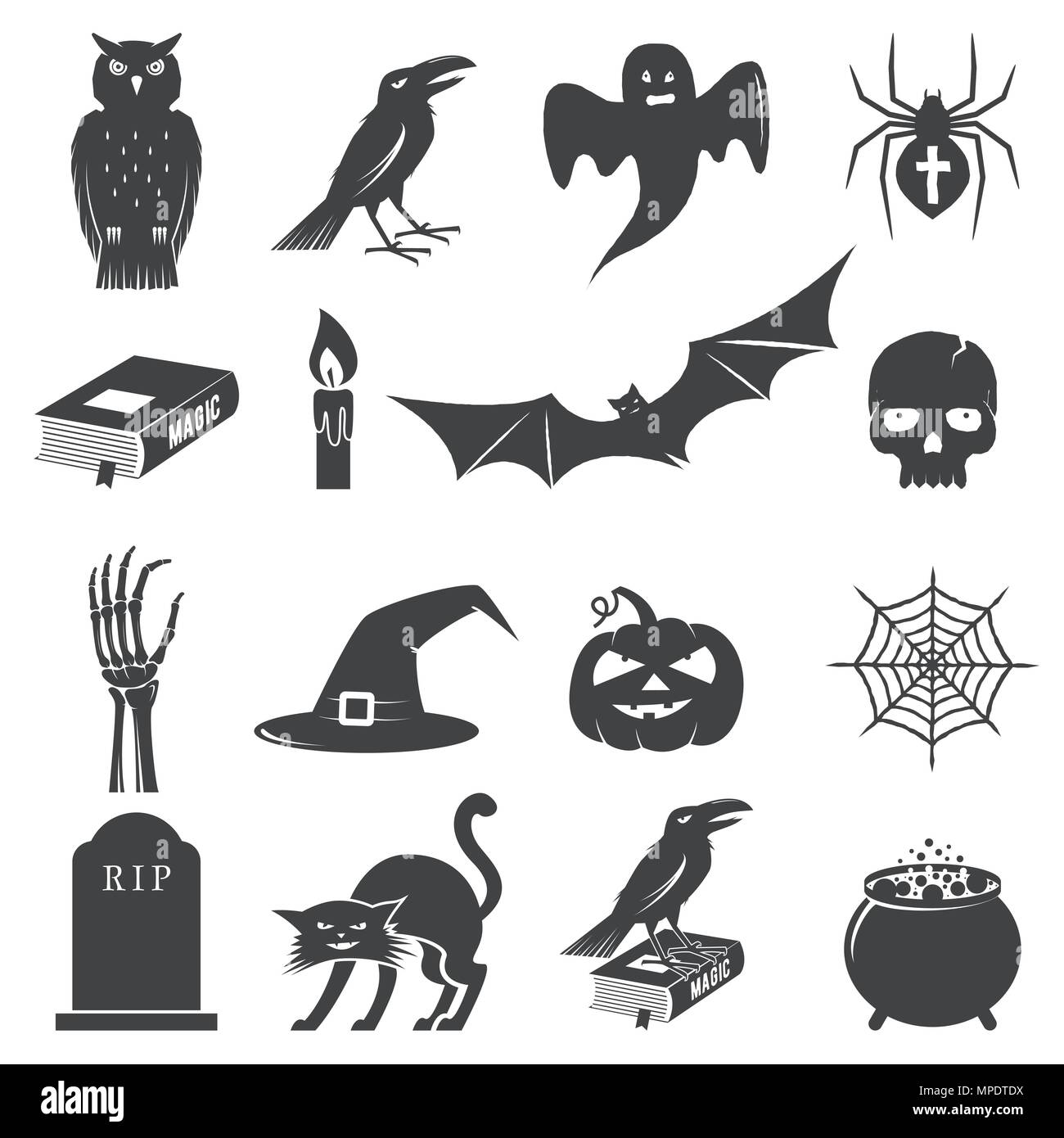 Set di icone di Halloween silhouette. Illustrazione Vettoriale. Concetto per una camicia o un logo, stampa, timbro o il raccordo a t. Emblemi di Halloween. Illustrazione Vettoriale