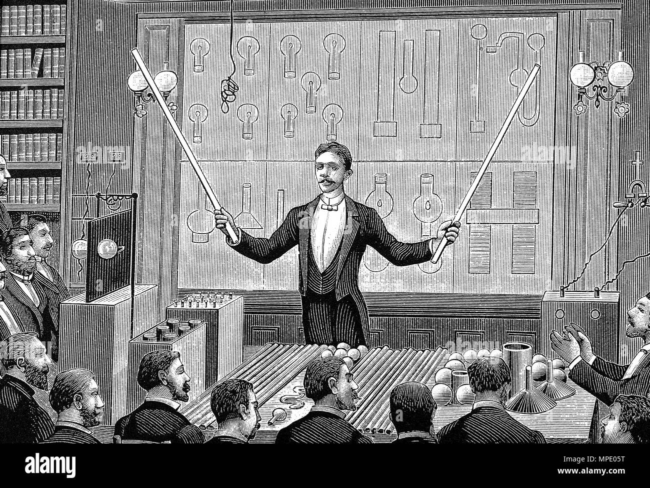 Nicola Tesla insegnamento xilografia incisione Foto Stock