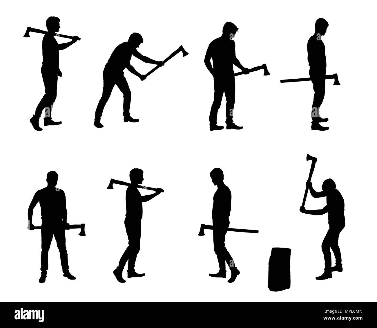 Set di vettore realistico sagome di uomo con ax, in piedi, camminare e legno di trinciatura Illustrazione Vettoriale