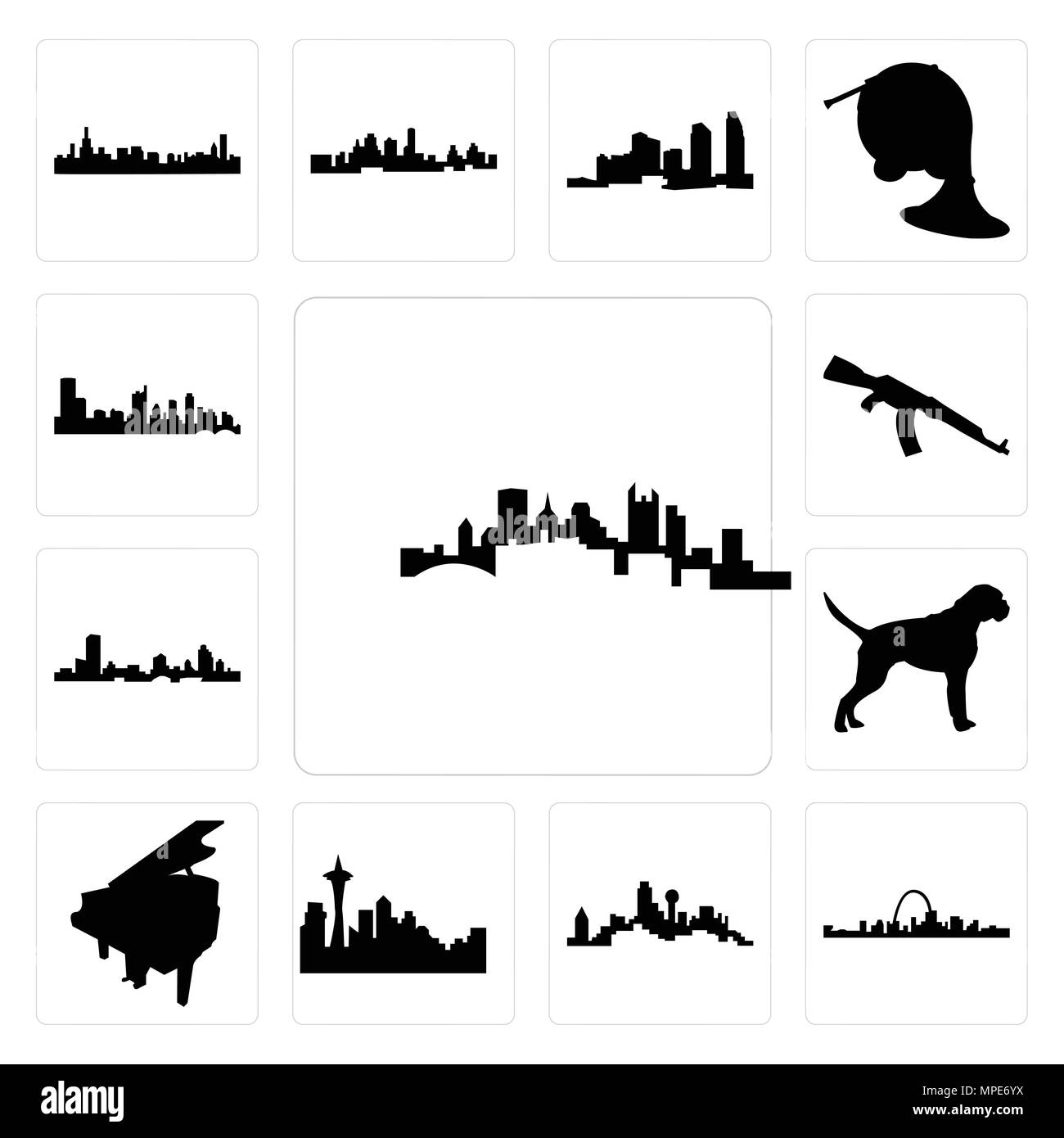 Set di 13 semplici icone modificabile come lo skyline di Pittsburgh, st louis skyline di Dallas, su sfondo bianco , seattle grand piano può essere utilizzato per il mobile, Illustrazione Vettoriale