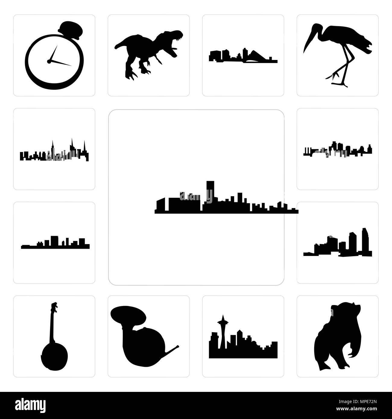 Set di 13 semplici icone modificabile come la florida, badger, Seattle skyline, su sfondo bianco , corno francese, banjo, Long Island, South Carolina, kansa Illustrazione Vettoriale