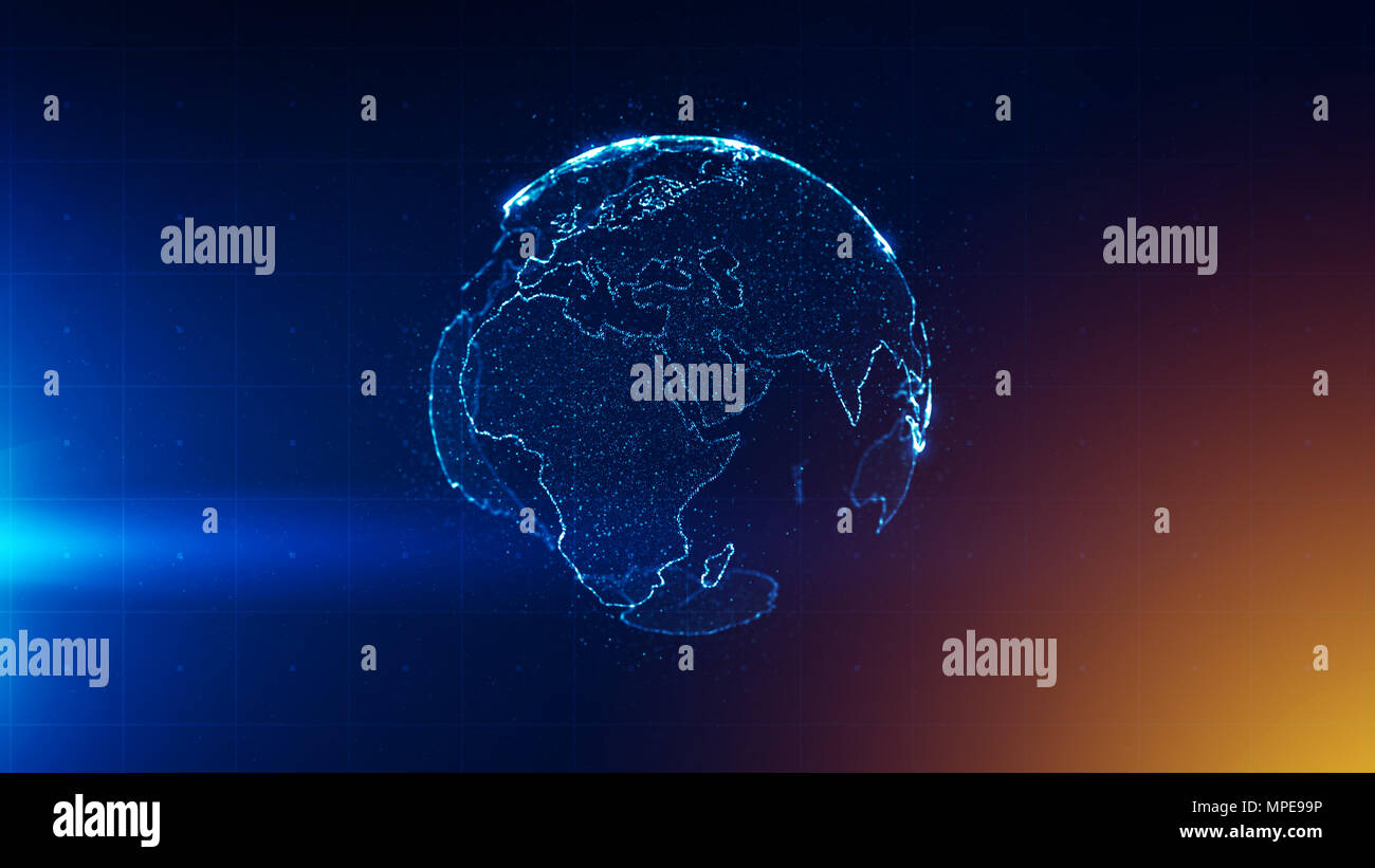 Strategia di business globale concetto astratto, Terra mappa del mondo su sfondo blu scuro, illustrazione Foto Stock