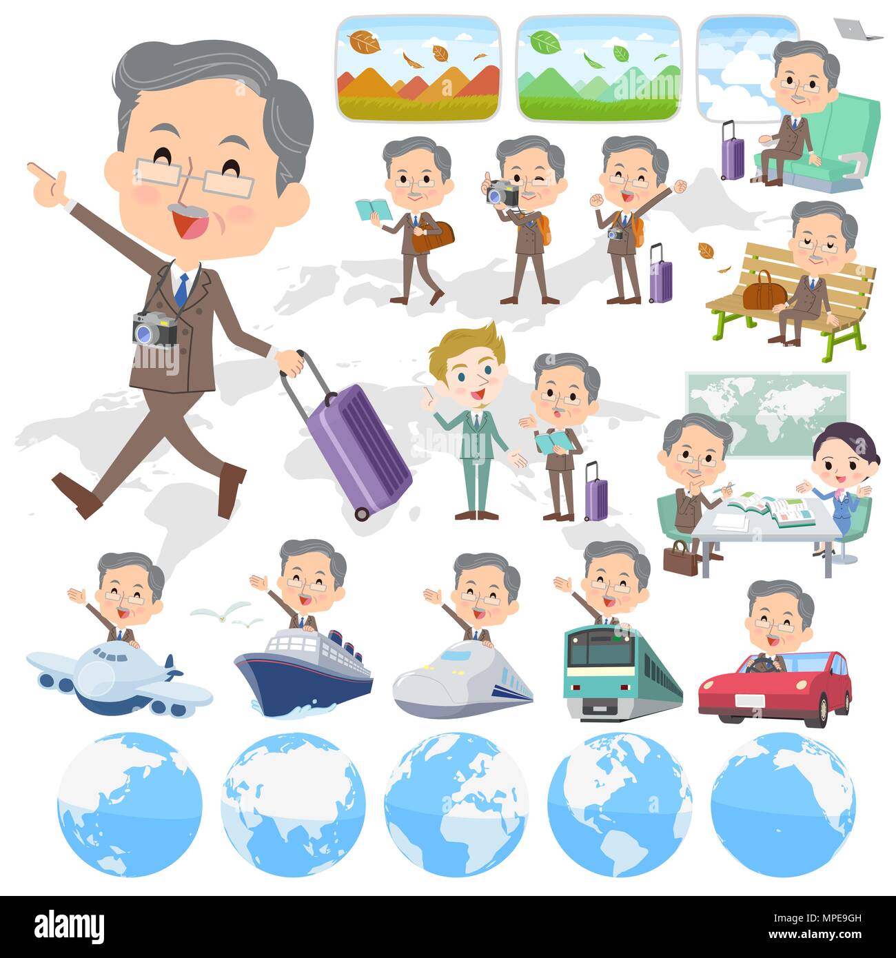 Set di pose diverse della doppia barba vestito vecchio uomo travel Illustrazione Vettoriale