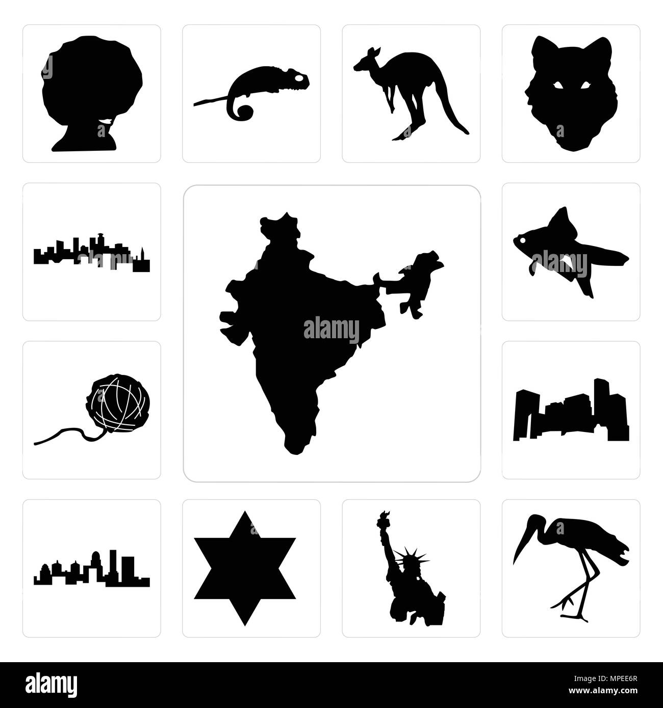 Set di 13 semplici icone modificabili quali India, Stork, statua della libertà, star david, Stato del Kentucky, minnesota, filato palla, goldfish, minnesota può essere Illustrazione Vettoriale