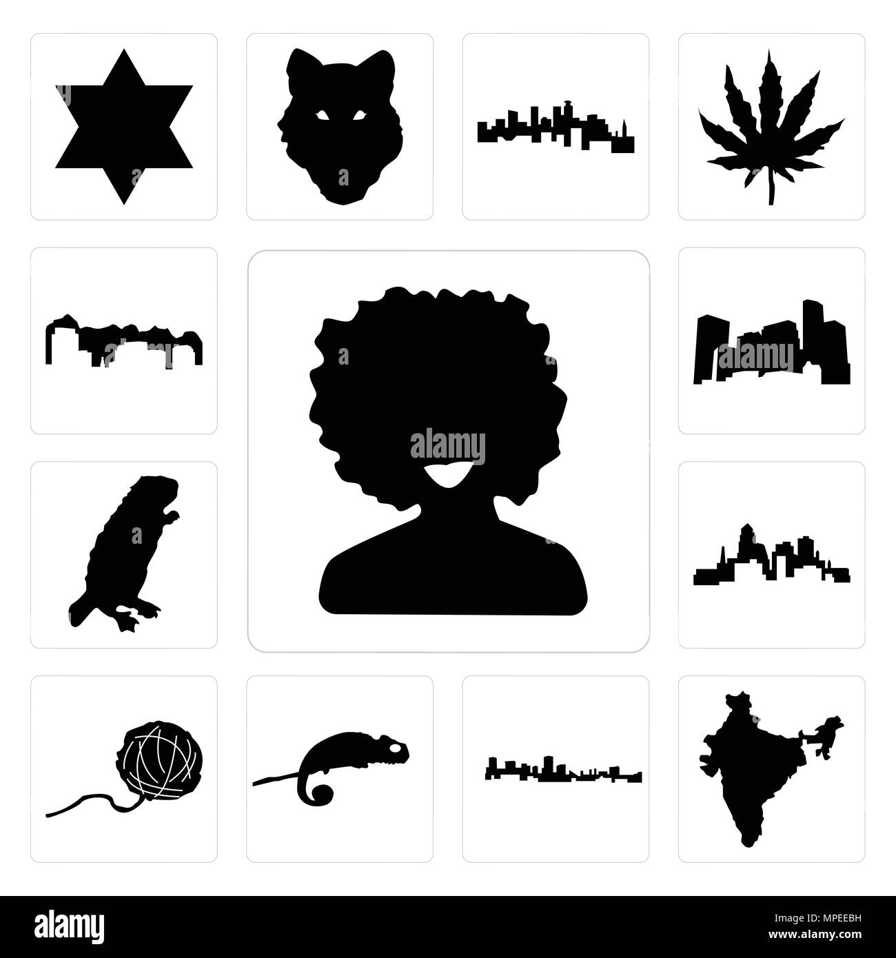 Set di 13 semplici icone modificabile come afro, India, Maryland delineare, in nero, chameleon, filato sfera, , castoro, minnesota, Utah può essere usata per mobil Illustrazione Vettoriale