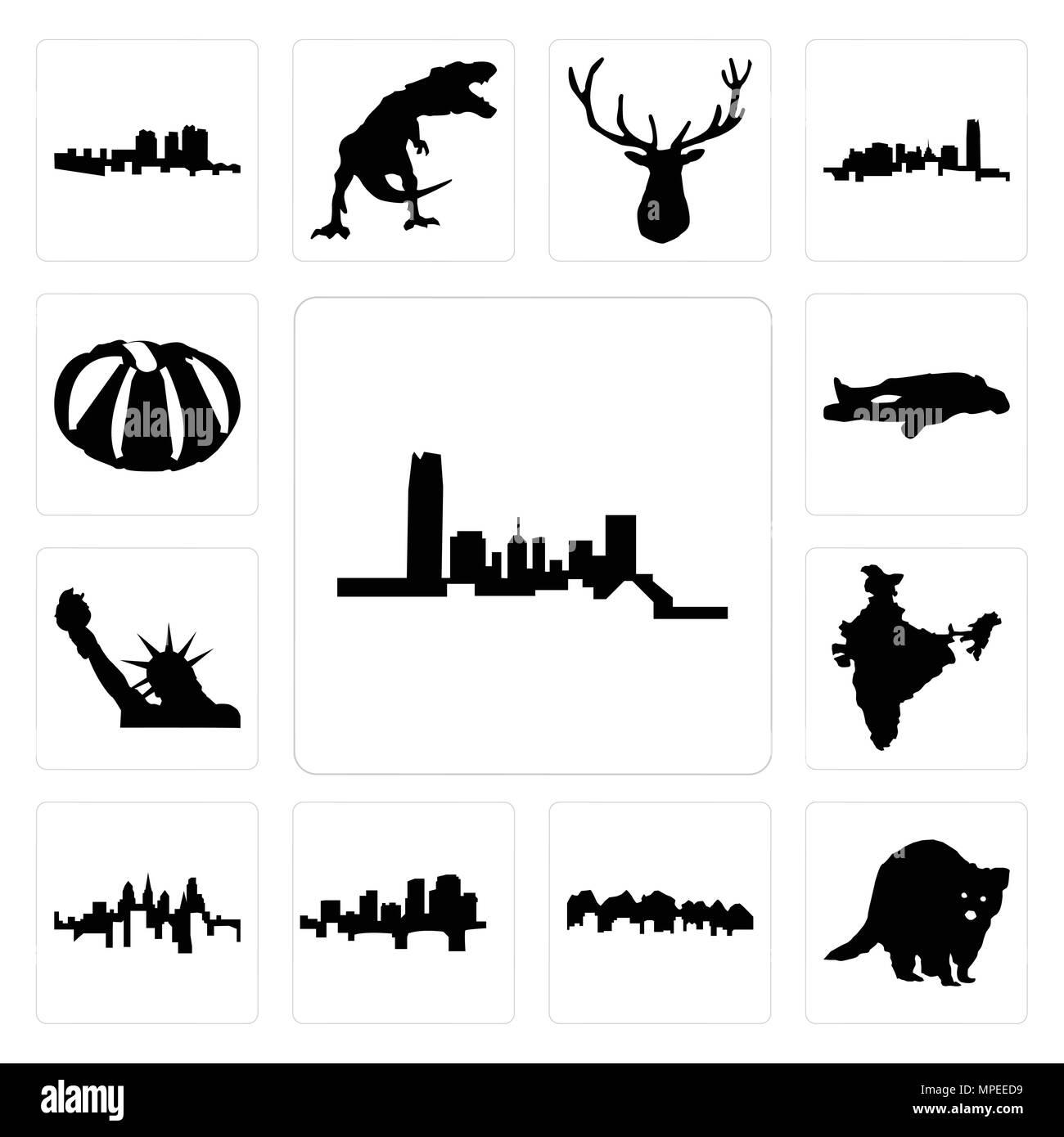 Set di 13 semplici icone modificabile come oklahoma, raccoon, Utah, Arkansas, dello stato della Pennsylvania, l'India, la statua della libertà, gesso, zucca può essere utilizzato fo Illustrazione Vettoriale