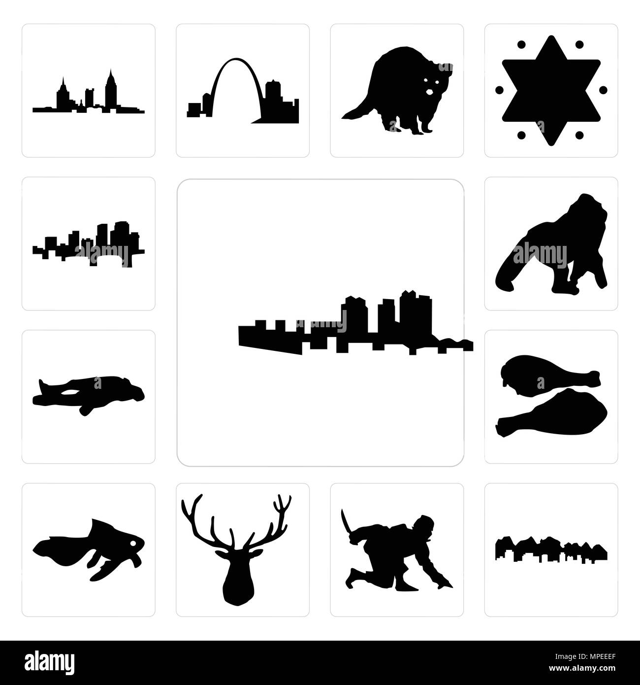 Set di 13 semplici icone modificabile come Haiti, Utah, ninja, testa di alce, goldfish, tacchino, chalk, gorilla, Arkansas può essere utilizzato per il mobile, l'interfaccia utente web Illustrazione Vettoriale