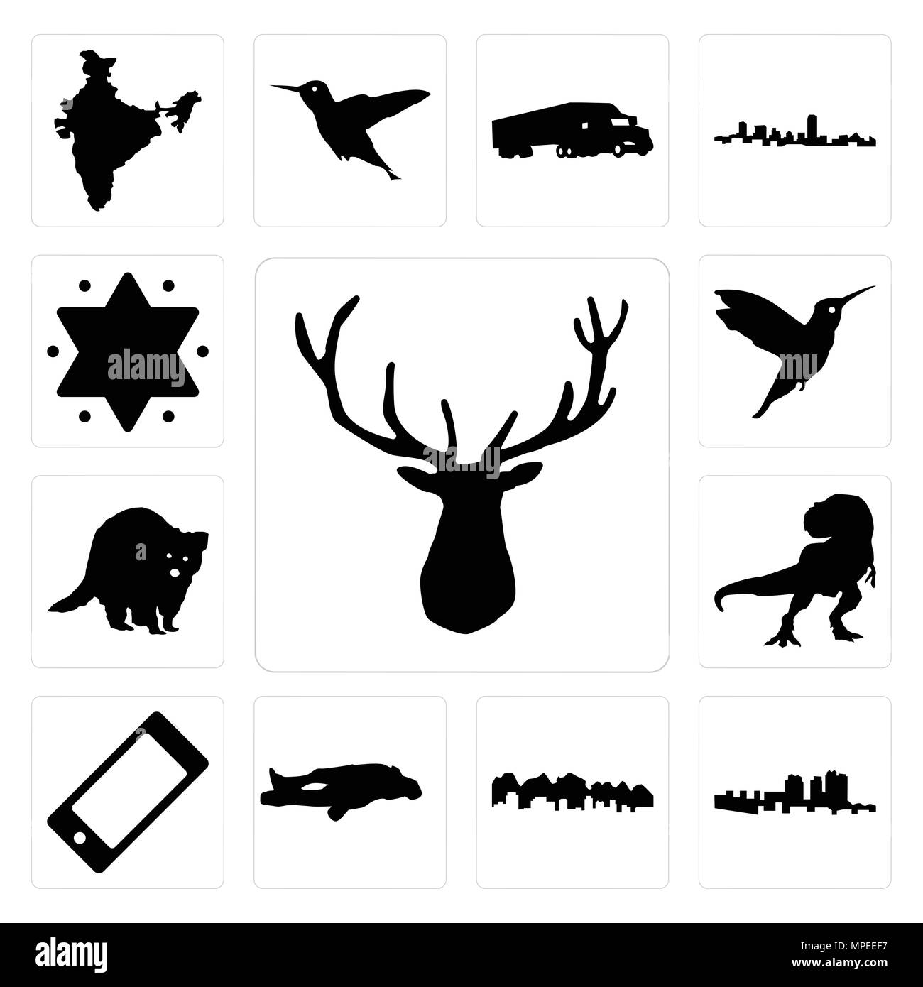 Set di 13 semplici icone modificabile come testa di alce, Haiti, Utah, gesso, il telefono cellulare t rex, raccoon, Hummingbird, stella di David può essere utilizzato per il mobile, w Illustrazione Vettoriale