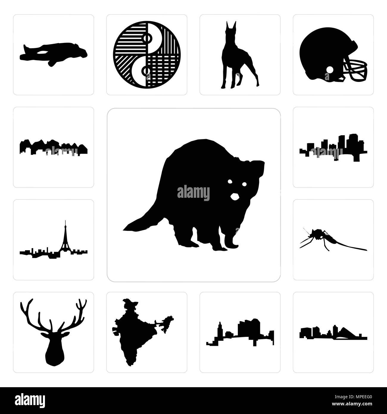 Set di 13 semplici icone modificabile come raccoon, Wisconsin, Ohio, India, testa di alce, zanzariera, paris skyline, Arkansas, Utah può essere utilizzato per il mobile, web Illustrazione Vettoriale