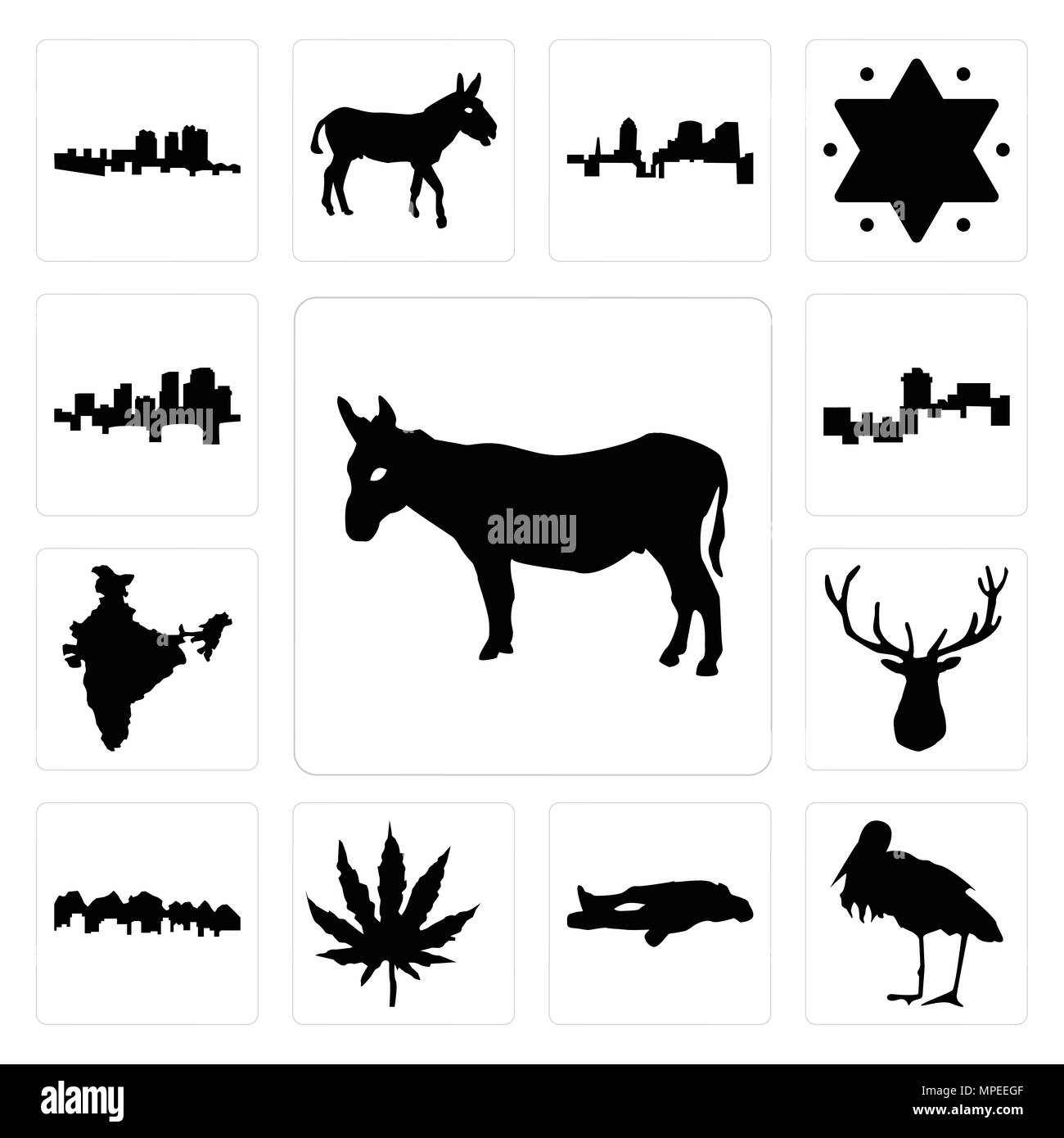 Set di 13 semplici icone modificabile come asino, Stork, gesso, foglia di marijuana, Utah, testa di alce, India, montana, Arkansas può essere utilizzato per il mobile, l'interfaccia utente web Illustrazione Vettoriale