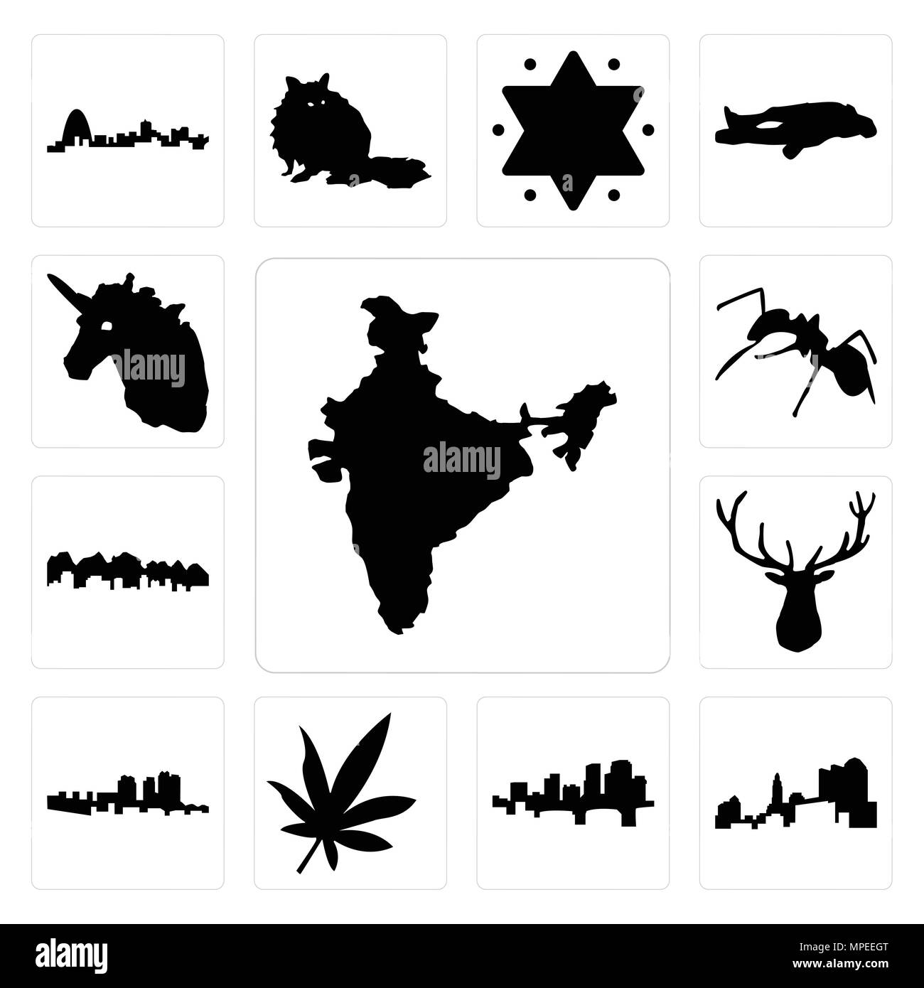 Set di 13 semplici icone modificabili quali India, Ohio, Arkansas, foglia di marijuana, Haiti, testa di alce, Utah, ant, unicorn testa può essere utilizzata per il mobile, l'interfaccia utente web Illustrazione Vettoriale