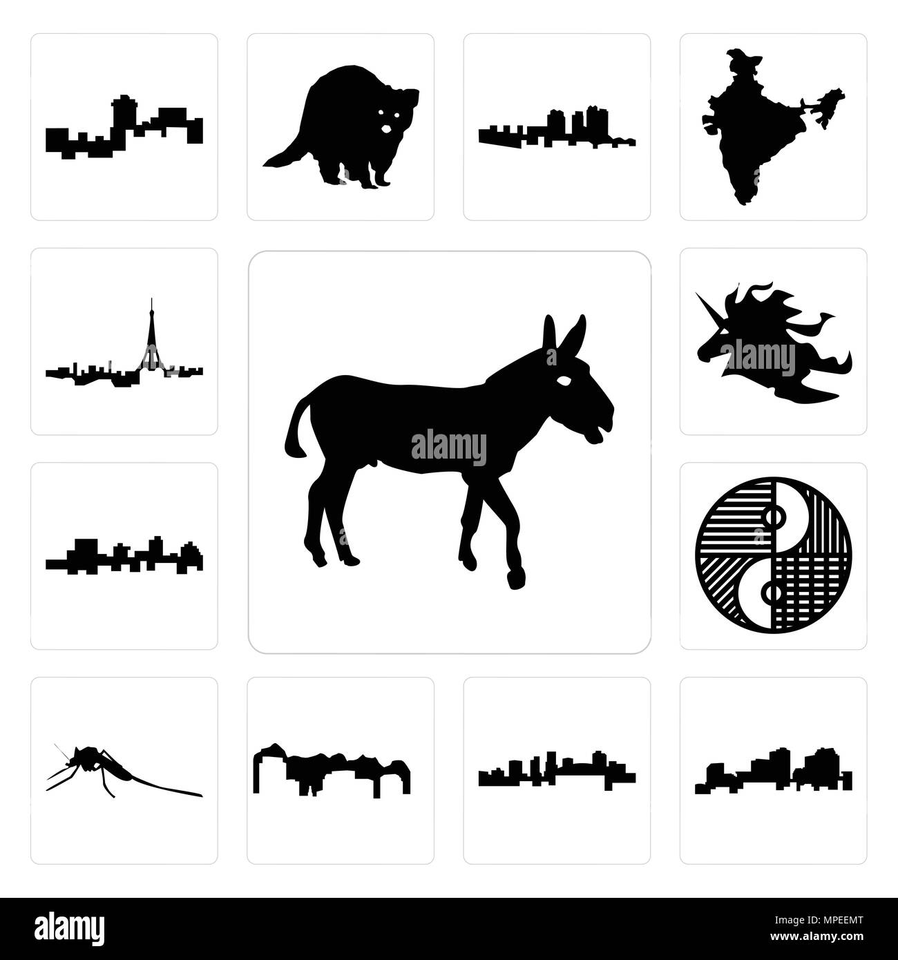 Set di 13 semplici icone modificabile come asino, Louisiana delineano su sfondo bianco, Arkansas, Utah, zanzariera, yin yang, Giamaica, unicorn testa, pari Illustrazione Vettoriale