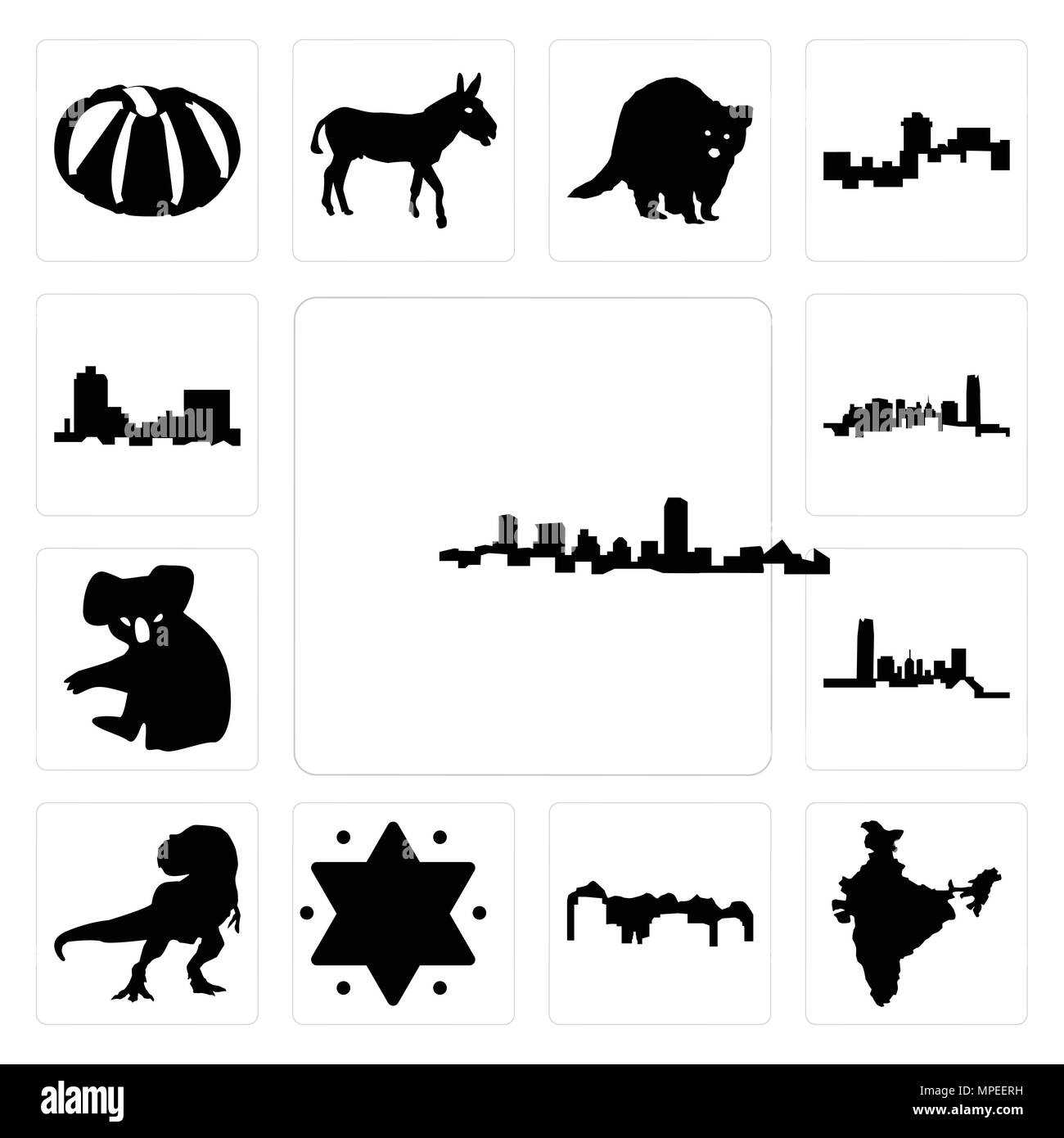 Set di 13 semplici icone modificabile come contorno del Maryland, in nero, India, Utah, stella di Davide, t rex, Oklahoma, koala, montana possono essere utilizzati per la telefonia mobile Illustrazione Vettoriale