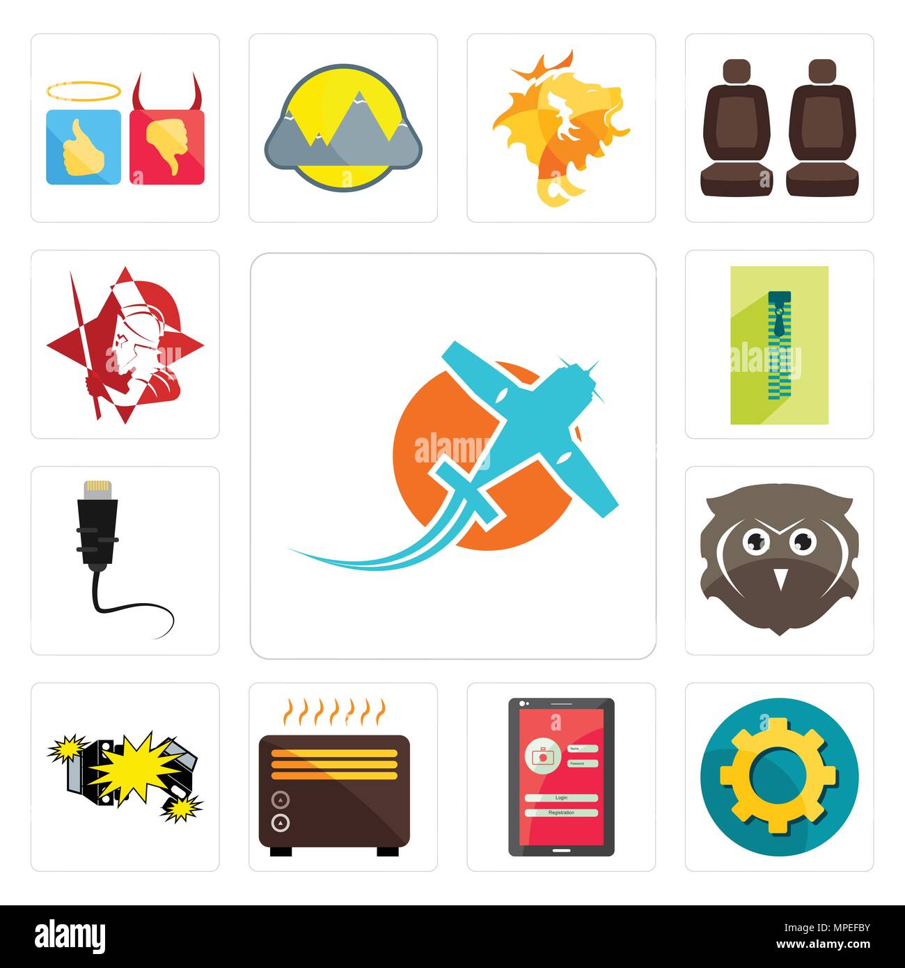Set di 13 semplici icone modificabile come piano prop, ingranaggio trasparente, la schermata di login, riscaldatore, car crash, libera il gufo, ethernet, zipper, spartan può essere utilizzato Illustrazione Vettoriale