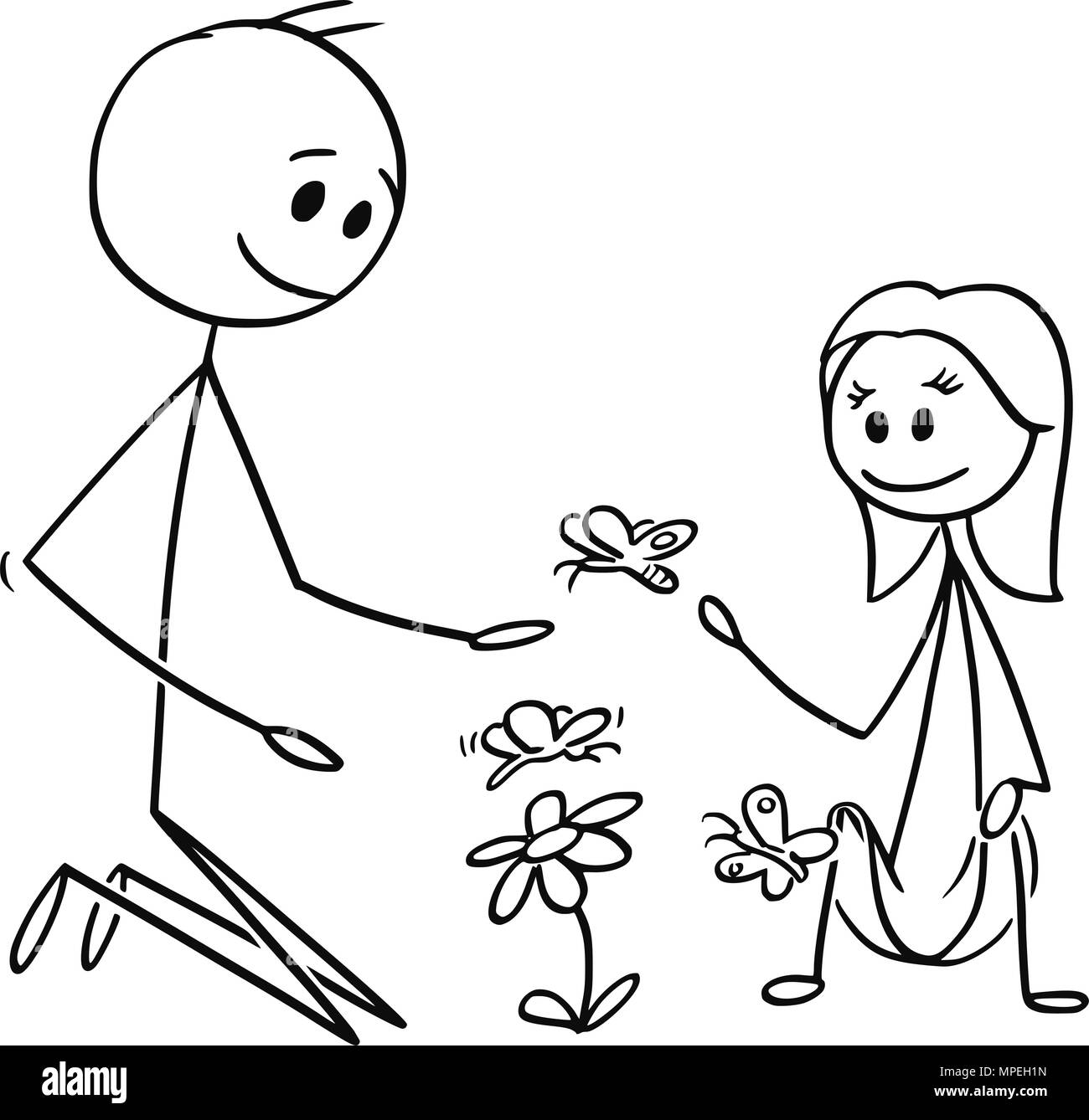 Cartoon di padre e figlia a guardare fiori e farfalle Illustrazione Vettoriale