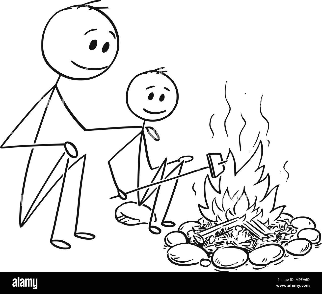Cartoon di padre e figlio seduti intorno al fuoco o il fuoco Illustrazione Vettoriale