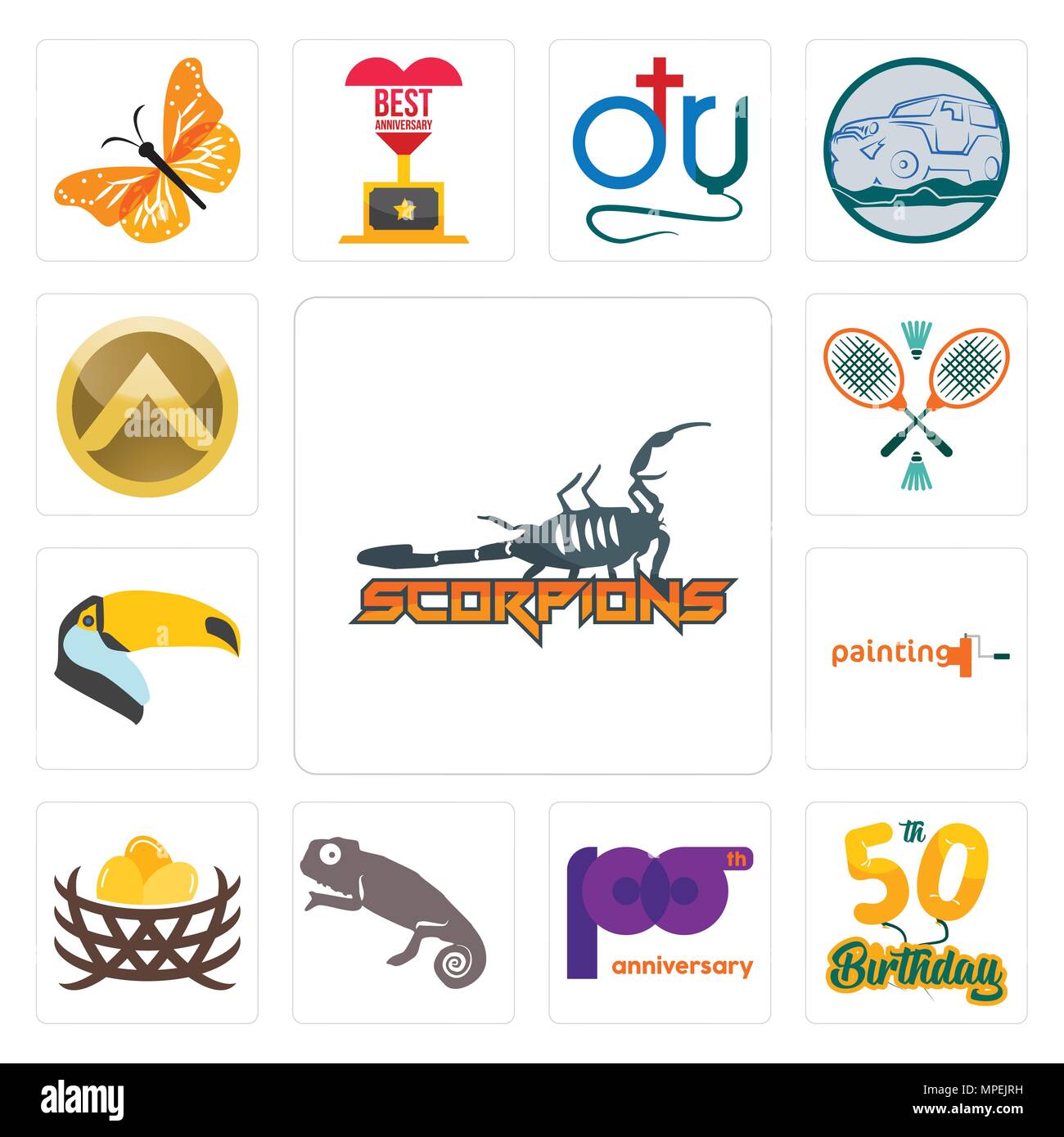 Set di 13 semplici icone modificabile come scorpioni, cinquantesimo compleanno, centenario, chameleon, bird nest, società di verniciatura, toucan, badminton, sparta Illustrazione Vettoriale