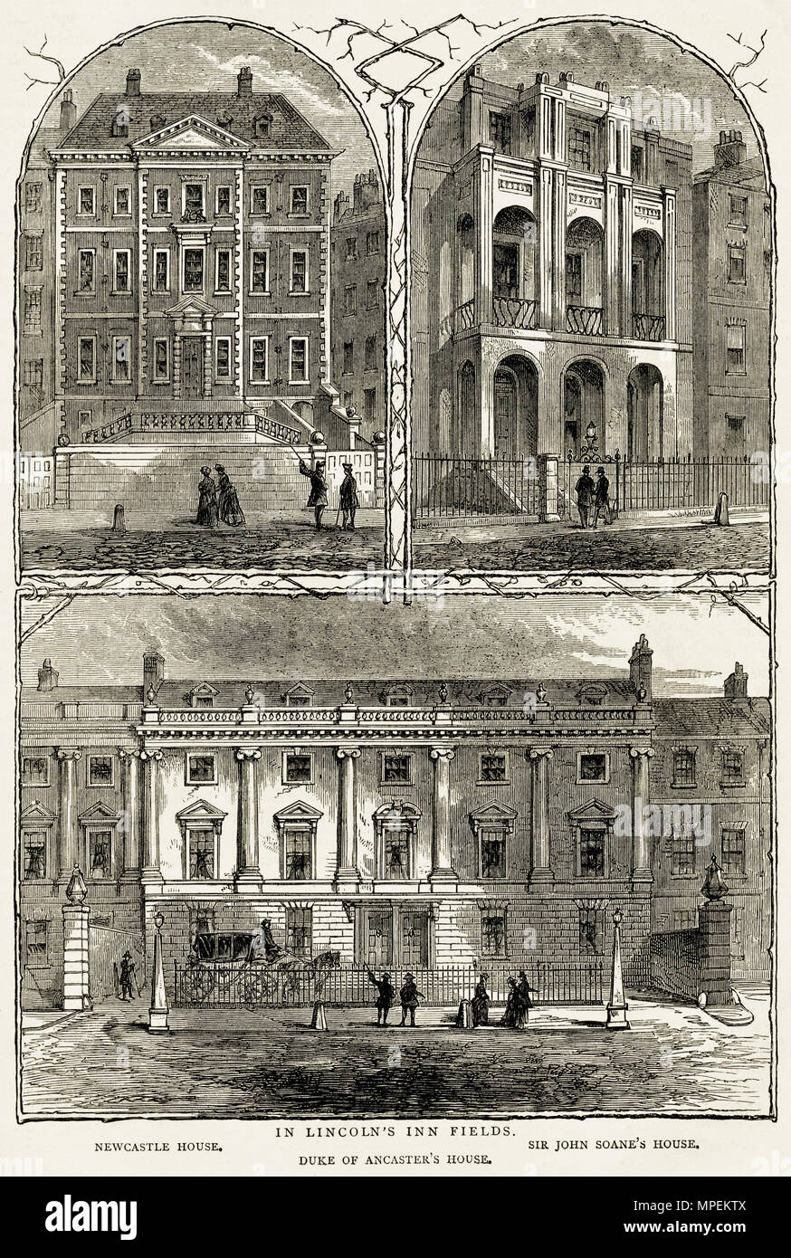 Grand Case in Lincoln' s Inn Fields Londra Inghilterra Regno unito Newcastle House, Sir John Soane's House & Duca di Ancaster's House. Xix secolo incisione vittoriano circa 1878 Foto Stock