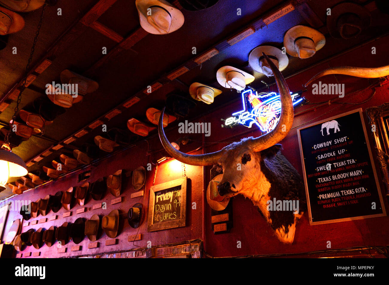 Parete con ripieni longhorn e molti cappelli da cowboy in un bar, White Elephant Saloon, Stockyards National Historic District Foto Stock