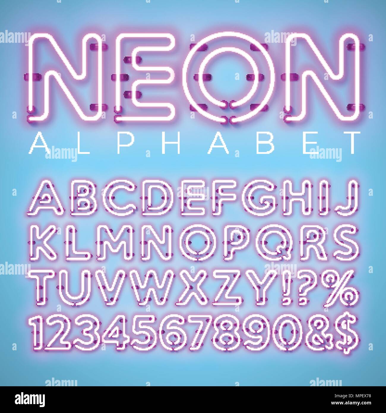 Neon luminoso alfabeto su sfondo blu. Vettore lettera, numero e simbolo con brillante effetto bagliore stratificato caratteri separati. Font modello di progettazione per il vostro testo, decorazione, Banner, flyer promozionale o poster di partito. Illustrazione Vettoriale